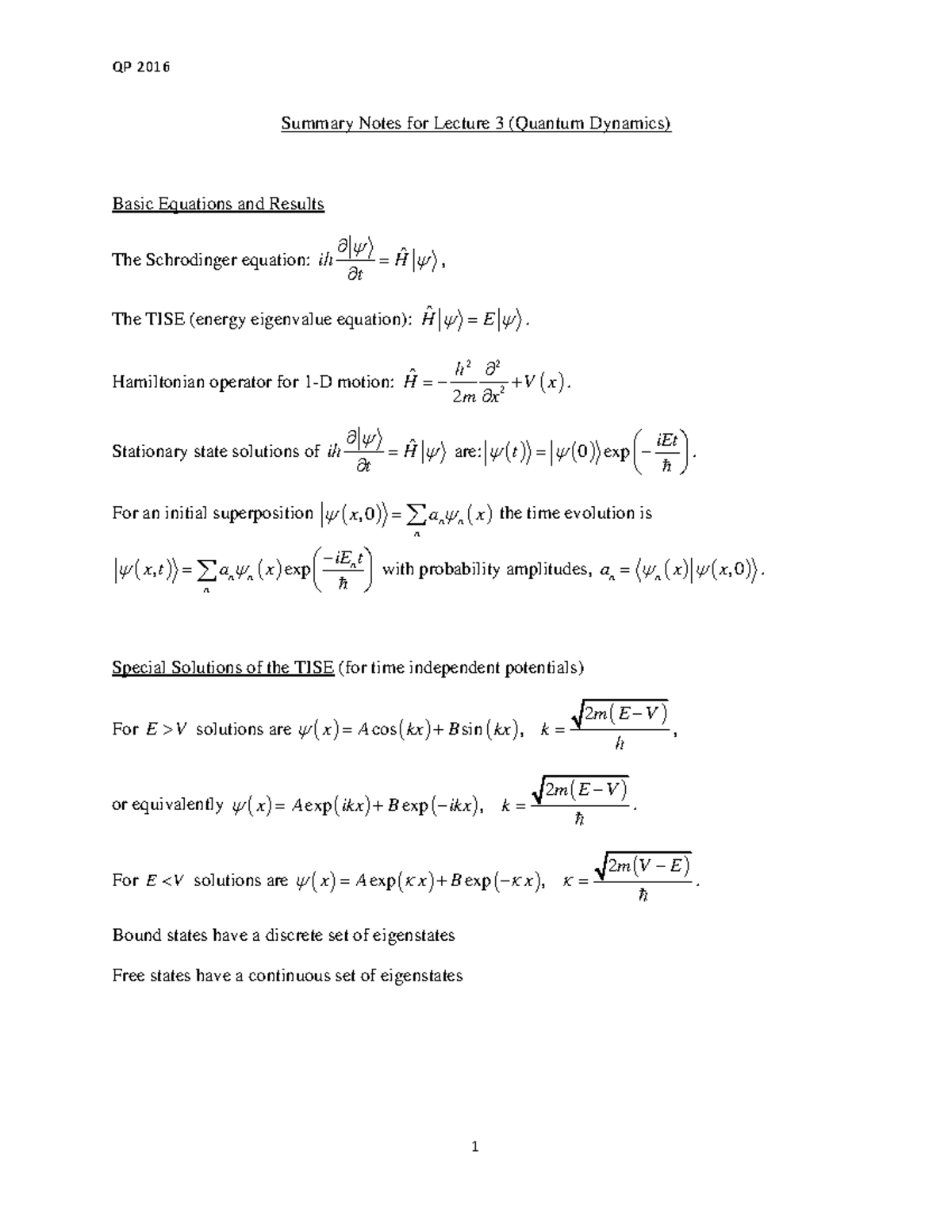 Summary Notes for Lecture 3 (Quantum Dynamics) - Summary Notes for ...