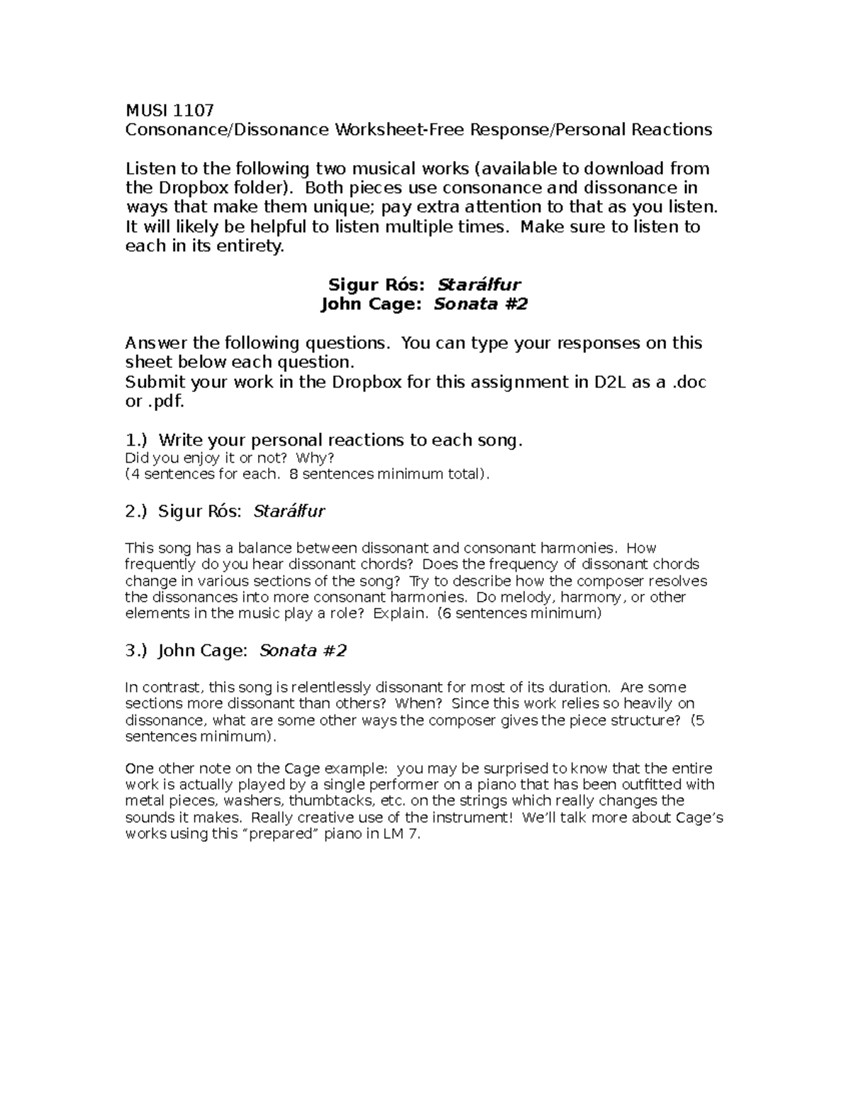 Worksheet LM1 - MUSI 1107 Consonance/Dissonance Worksheet-Free Response ...