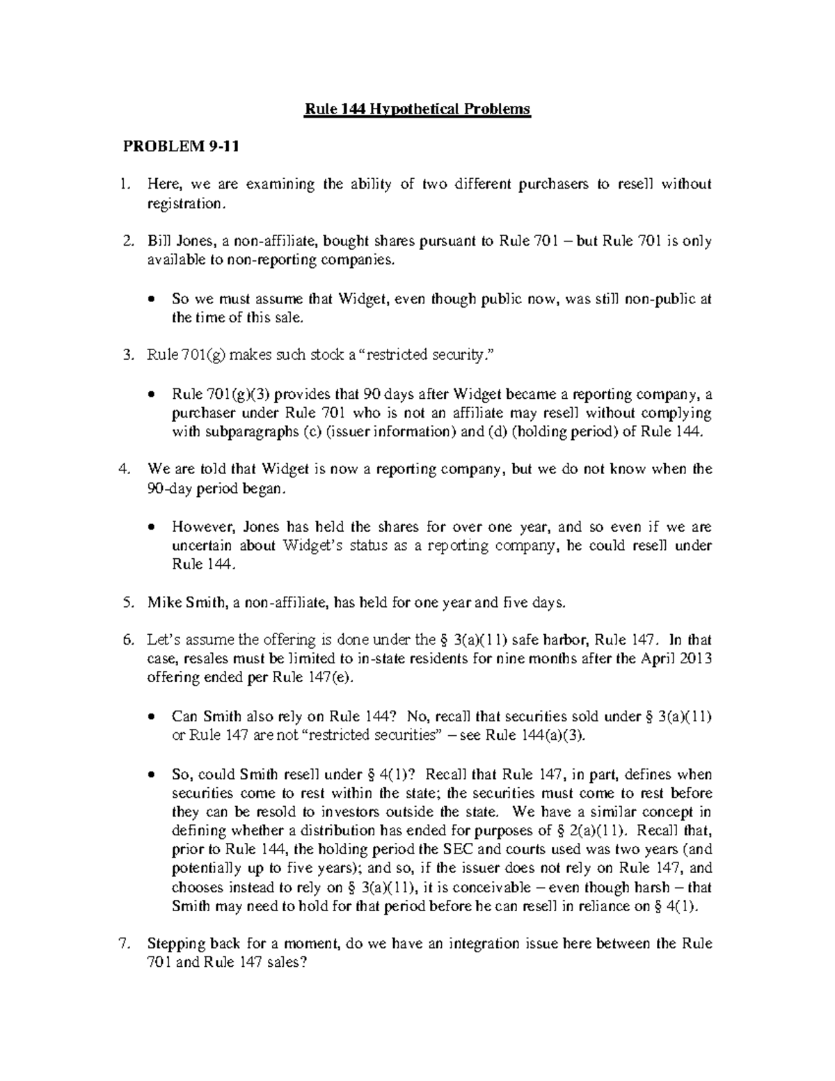 Sec Reg Rule 144Hypothetical Problems 4 - Rule 144 Hypothetical ...