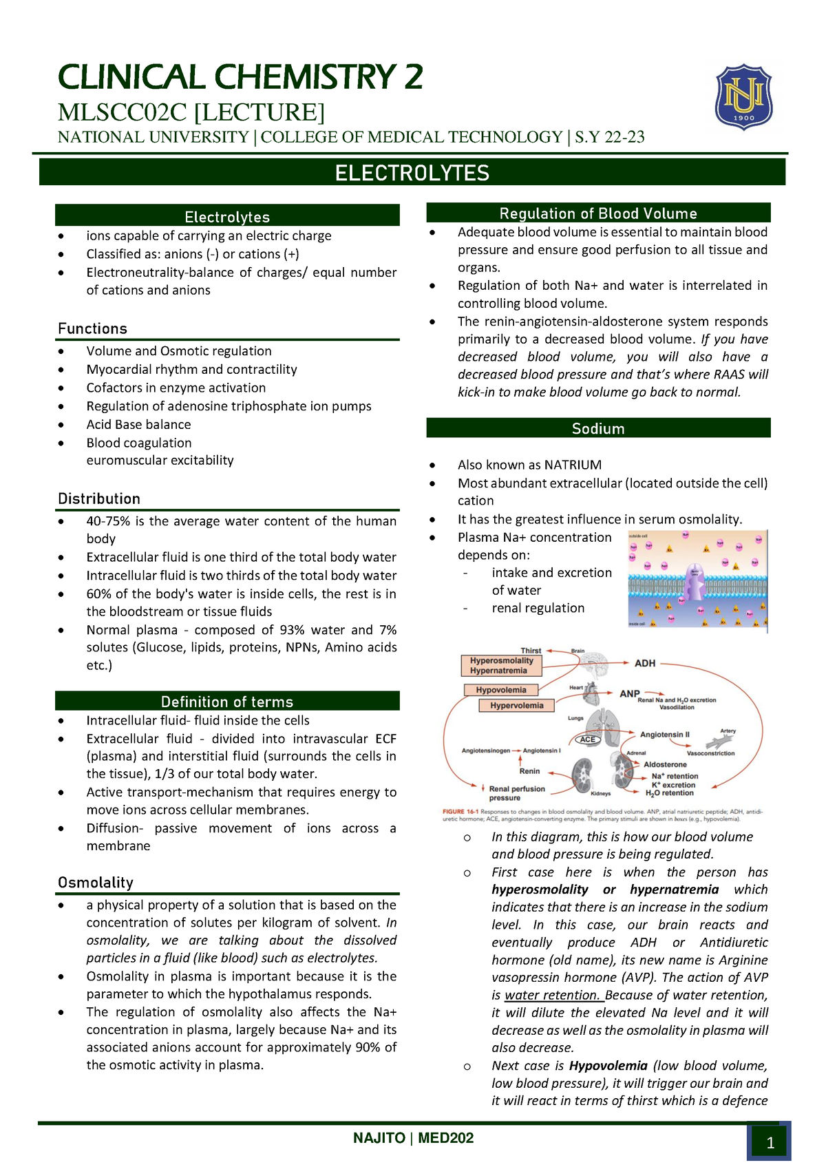 Electrolytes Lecture Lecture Transes - CLINICAL CHEMISTRY 2 MLSCC02C ...