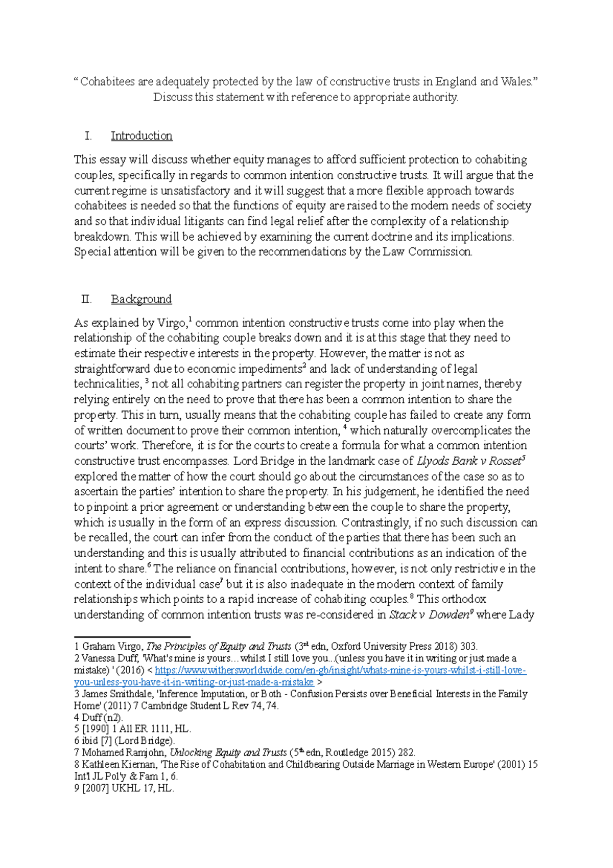 Equity Essay- Cohabitees - “Cohabitees are adequately protected by the ...