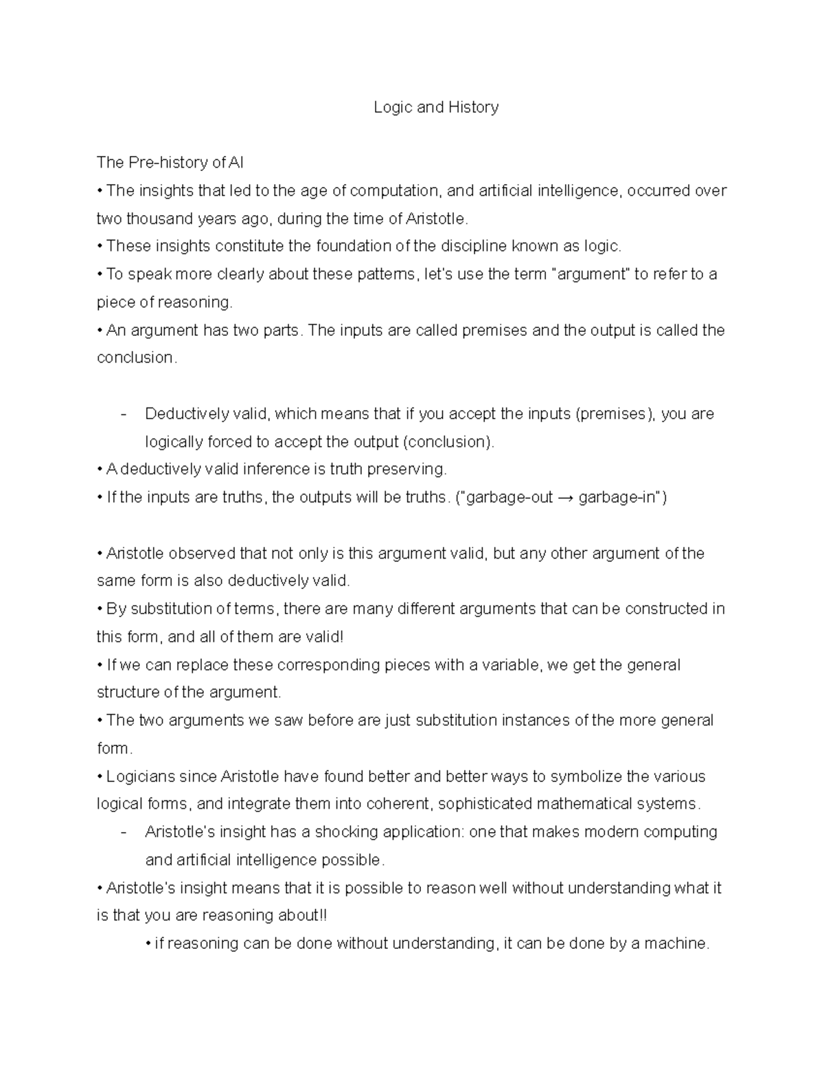 Logic and History Logic and History The Prehistory of AI The