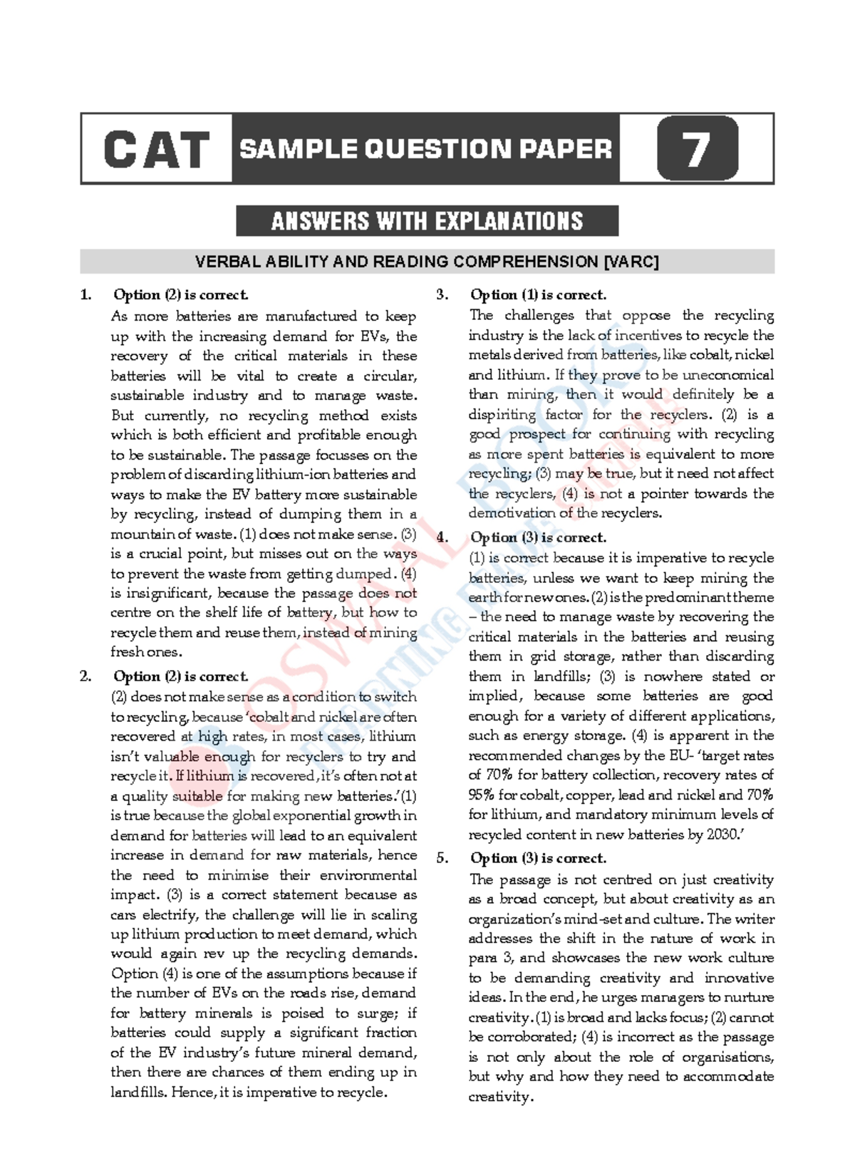 Oswaal CAT Mock Test 15 Sample Question Paper-7 - ANSWERS WITH ...