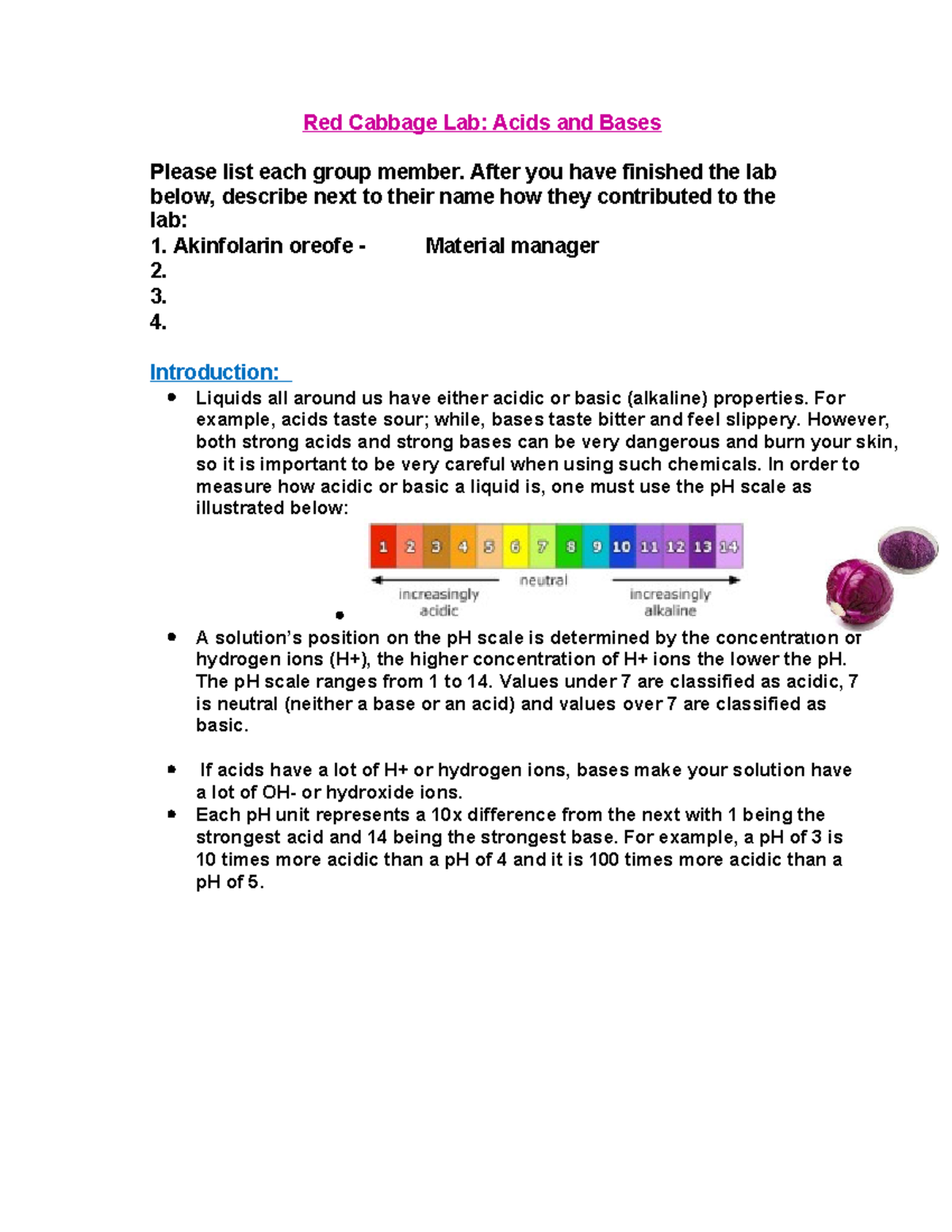 Red Cabbage Lab Acids and Bases Red Cabbage Lab Acids and Bases