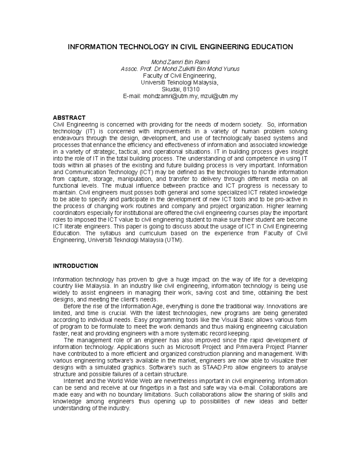 UTM-Information Technology In Civil Engineering Education - INFORMATION ...