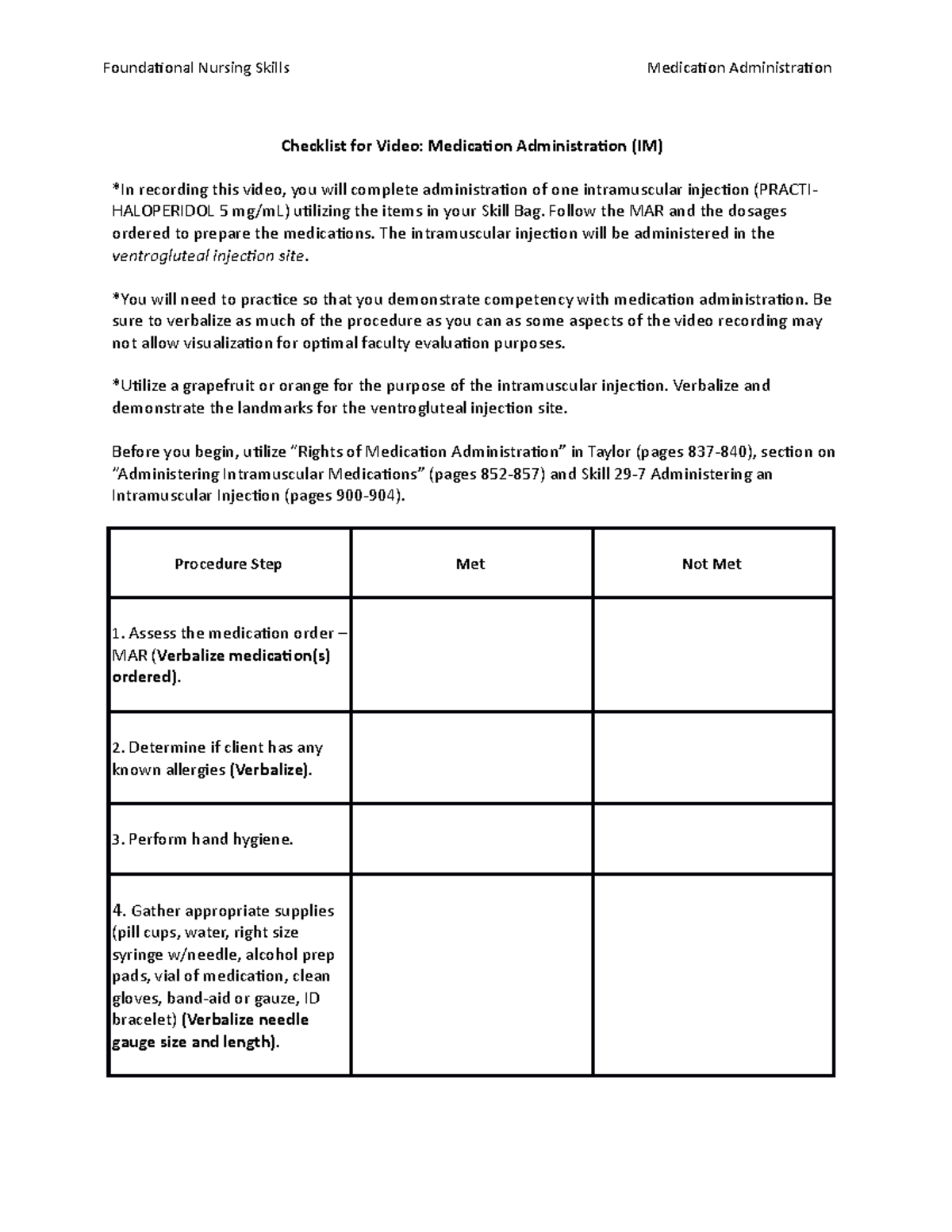 Checklist for IM Video Checklist for Video Medication Administration