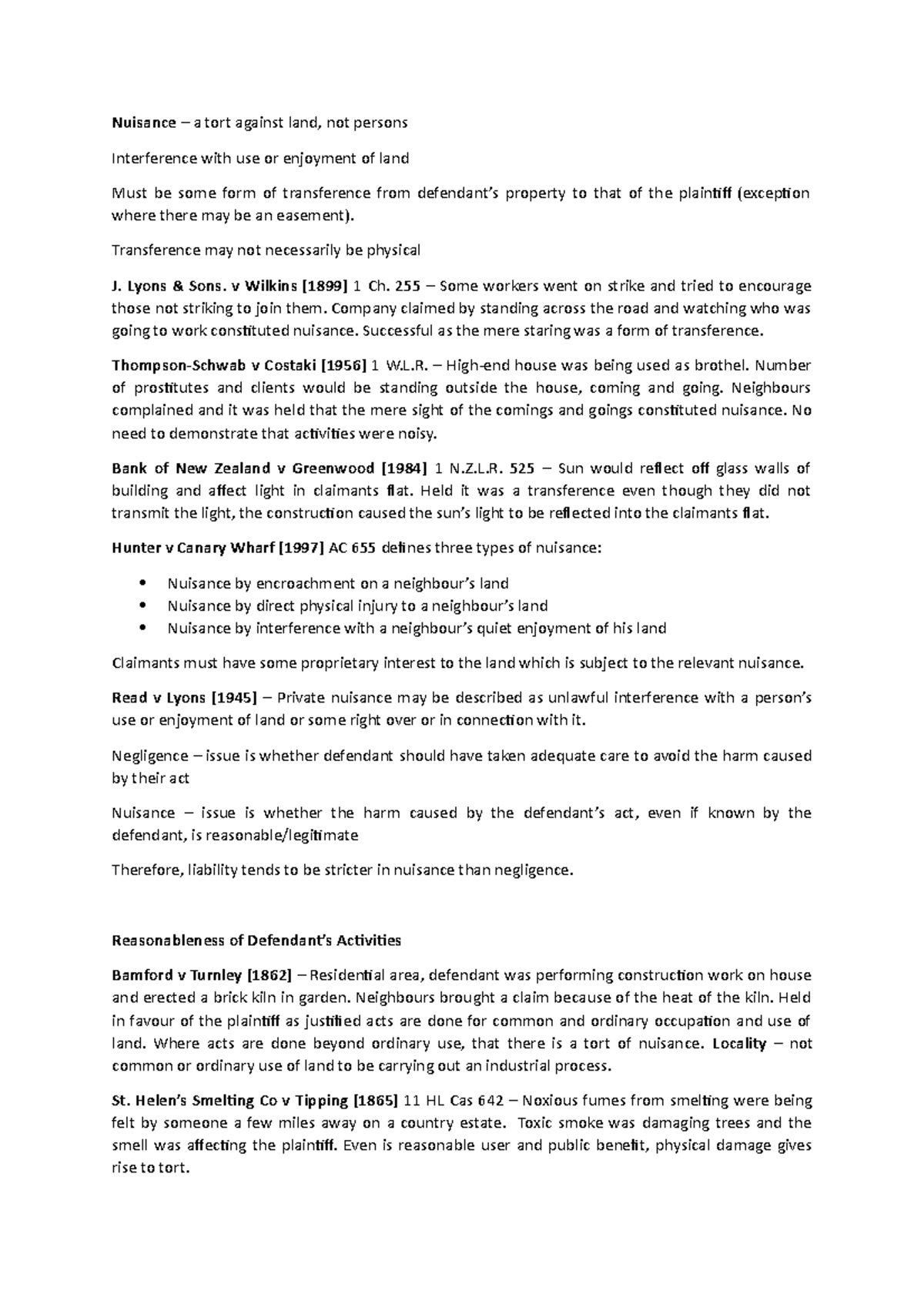 Tort Lecture 12 Nuisance Nuisance A Tort Against Land Not