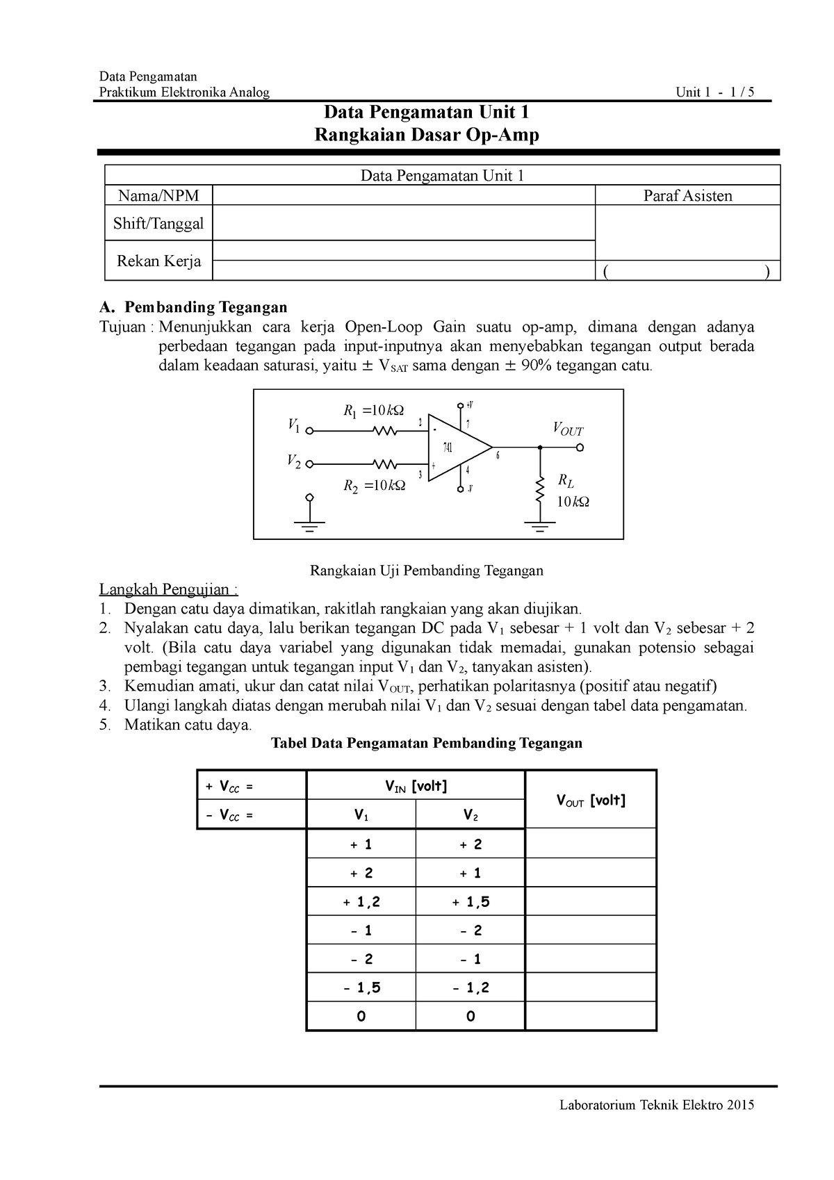 Unit 1 Rangkaian Dasar Op Amp - Praktikum Elektronika Analog Unit 1 - 1 ...