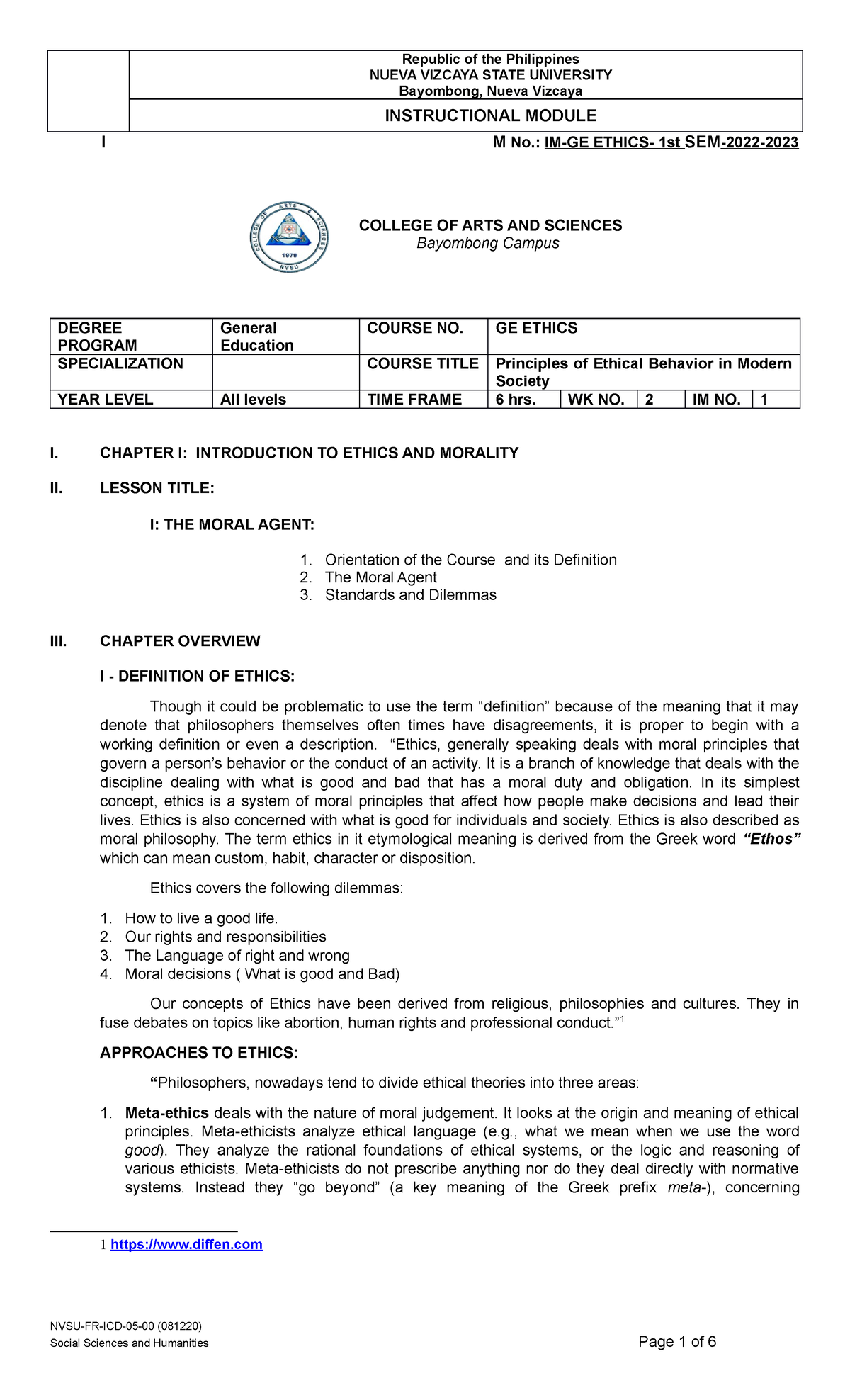 Chapter I - NVSU- Module- Template-GE- Ethics(3) Final - NUEVA VIZCAYA ...