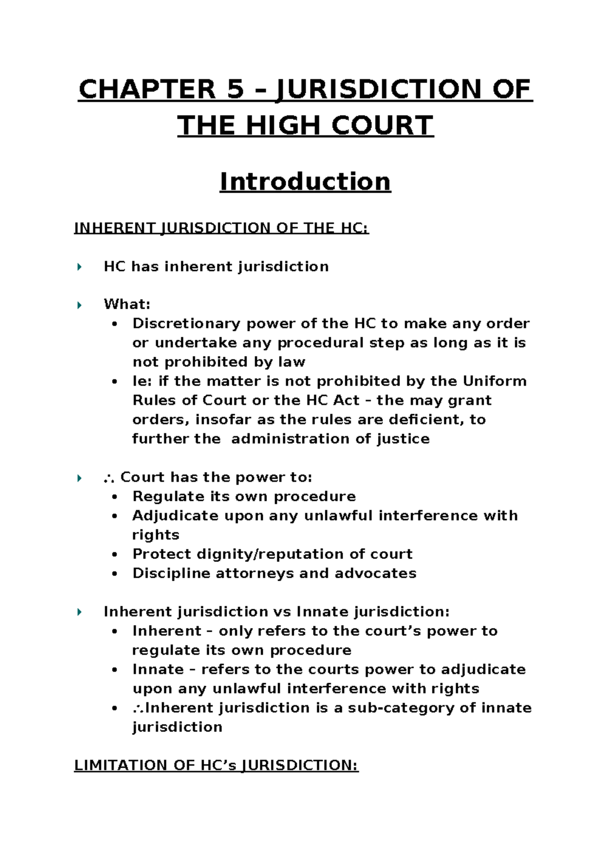 Chapter 5 - Notes - CHAPTER 5 – JURISDICTION OF THE HIGH COURT ...