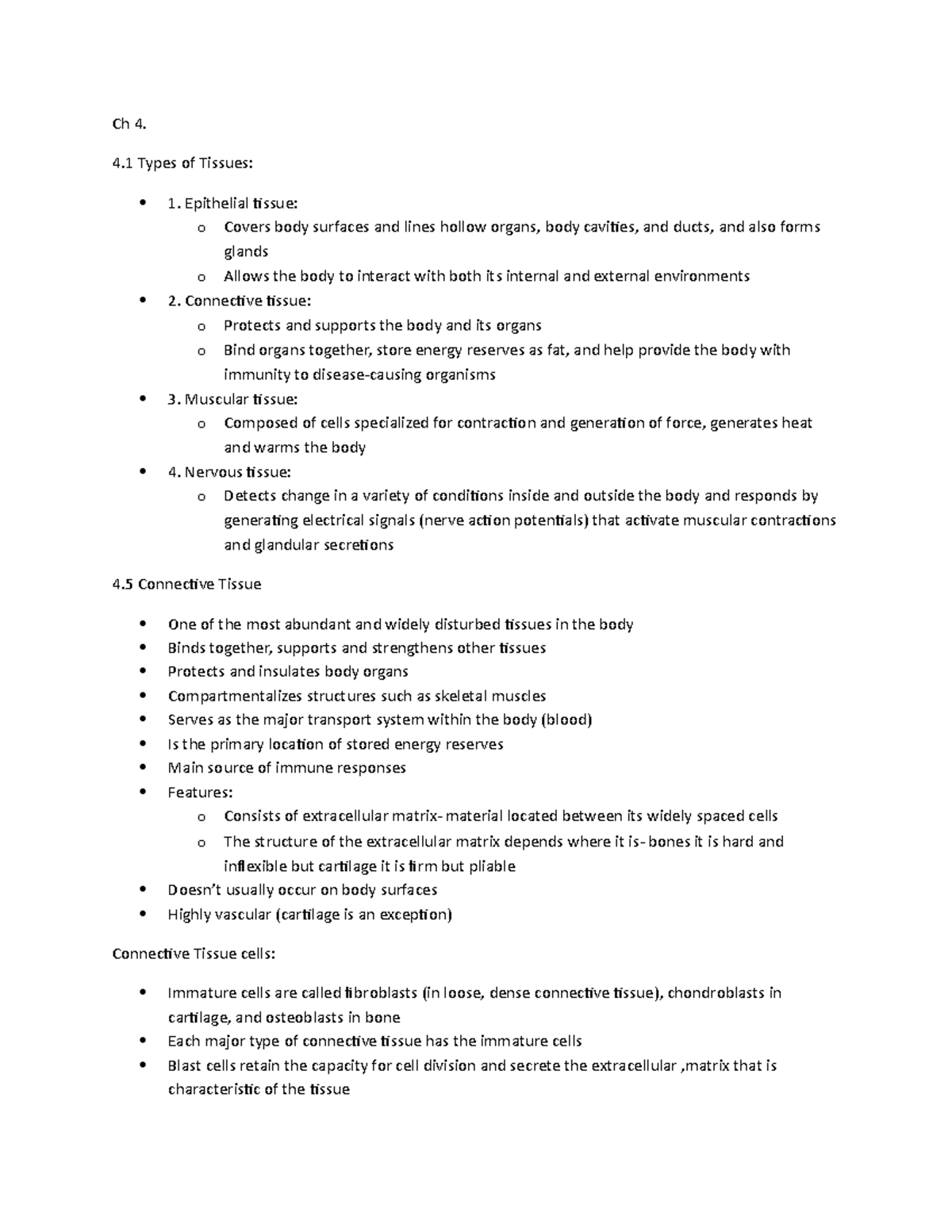 Anatomy Notes Ch 4 - Prof Morrell - Ch 4. 4 Types of Tissues: 1 ...