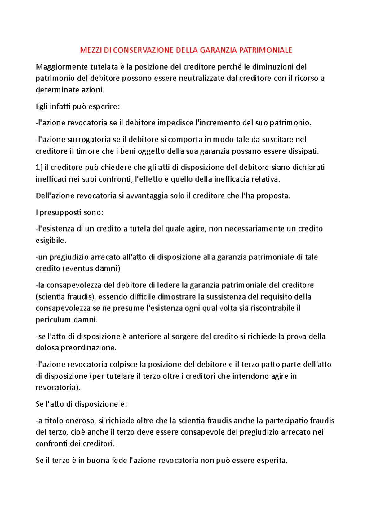 Mezzi DI Conservazione Della Garanzia Patrimoniale MEZZI DI CONSERVAZIONE DELLA GARANZIA Studocu