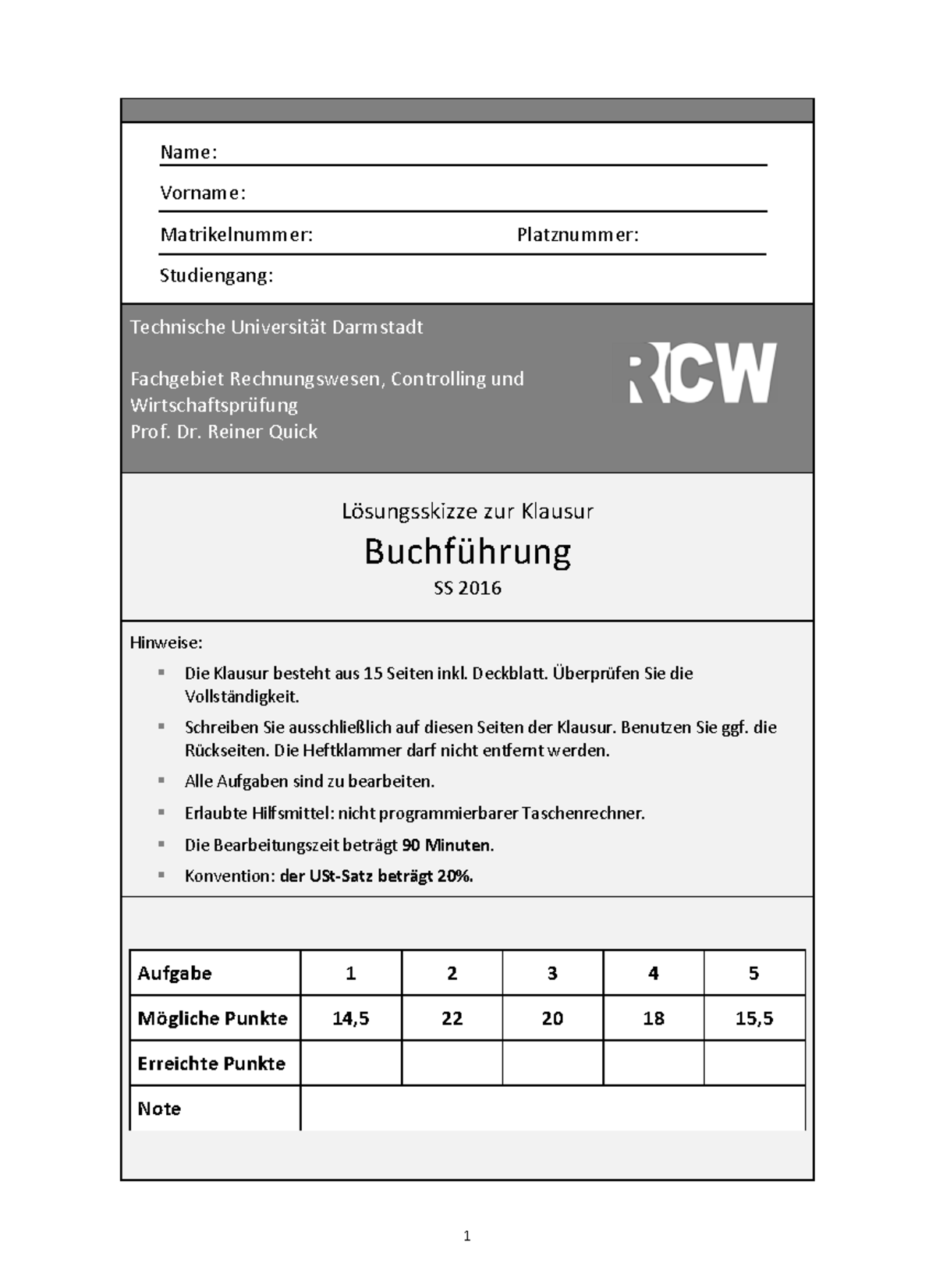 Altklausur Buchführung Lösung - Name: Vorname: Matrikelnummer ...