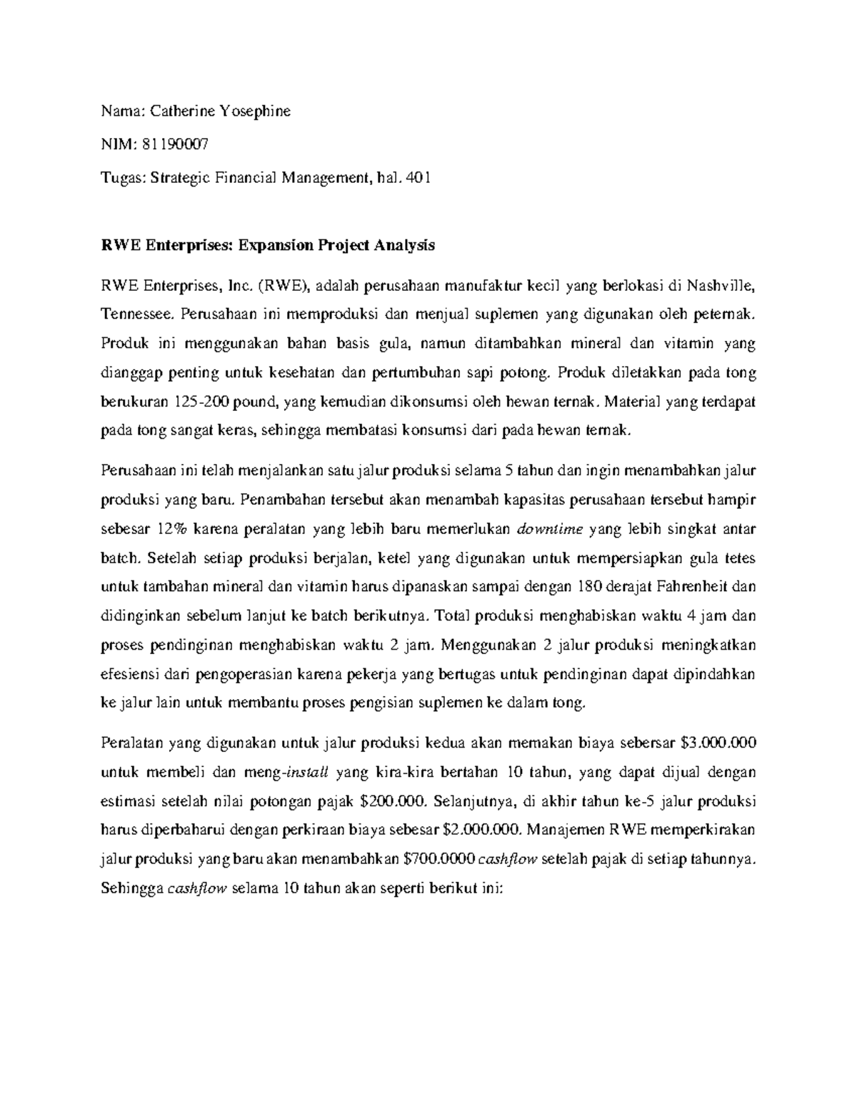 Financial Management 401 RWE Enterprises Expansion Project Analysis