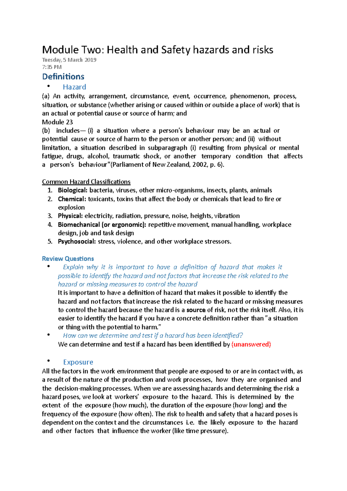 Module Two - Lecture notes 2 - Module Two: Health and Safety hazards ...