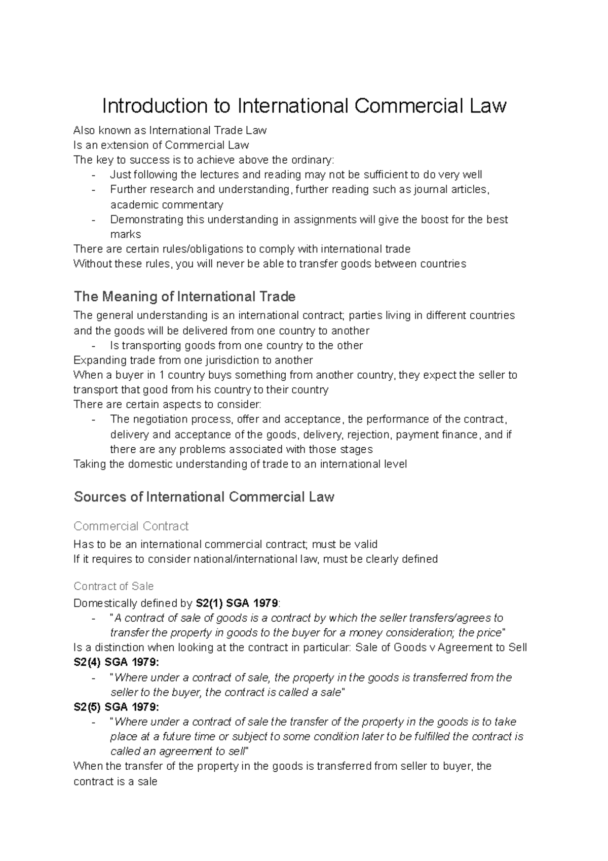 Unit 1 Notes - Introduction to International Commercial Law Also known ...