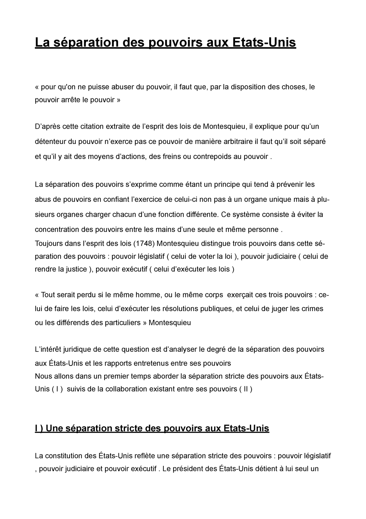 Devoir Dc02w Droit Constitutionnel 1 La Paration Des Pouvoirs Aux Etats Unis Studocu