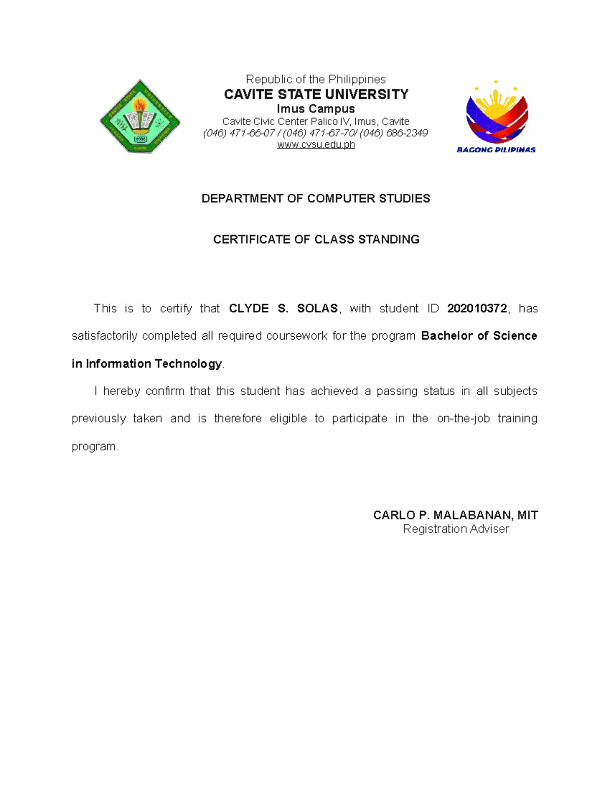 Certificate of class standing - Republic of the Philippines CAVITE ...