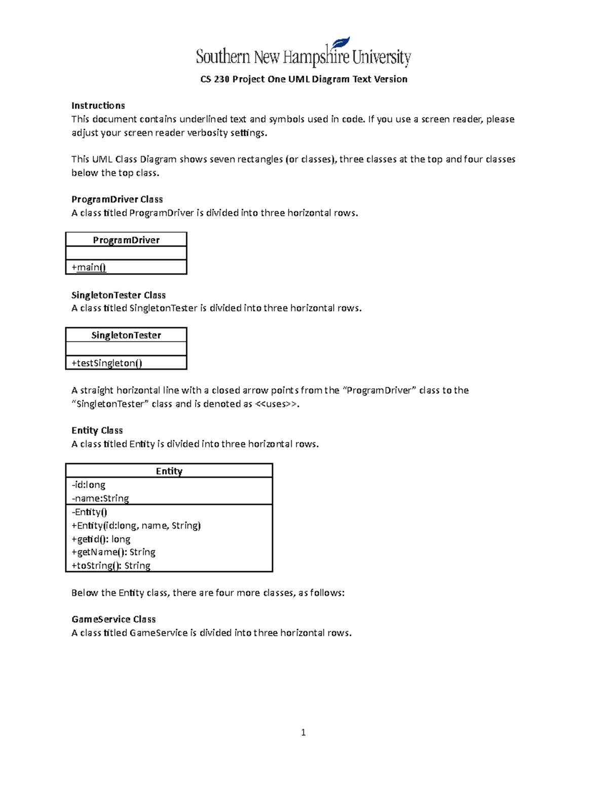 CS 230 Project One UML Diagram Text Version - CS 230 Project One UML ...