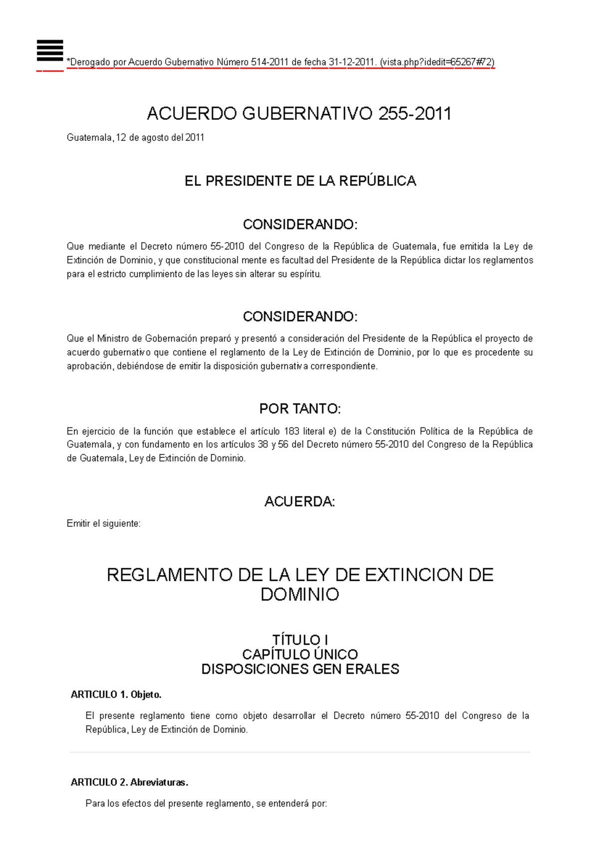 2 Reglamento DE LA LEY DE Extincion DE Dominio A.G. 255-2011 ...