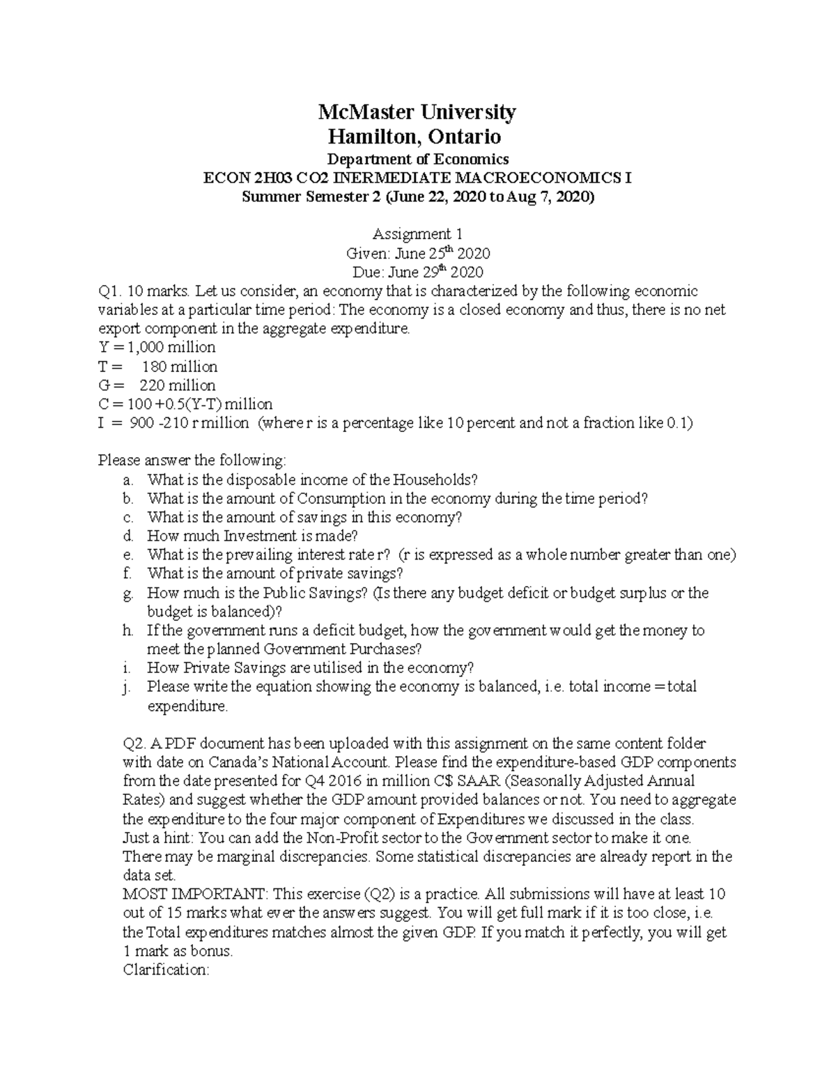ECON2H03 Assignment 1 - McMaster University Hamilton, Ontario ...