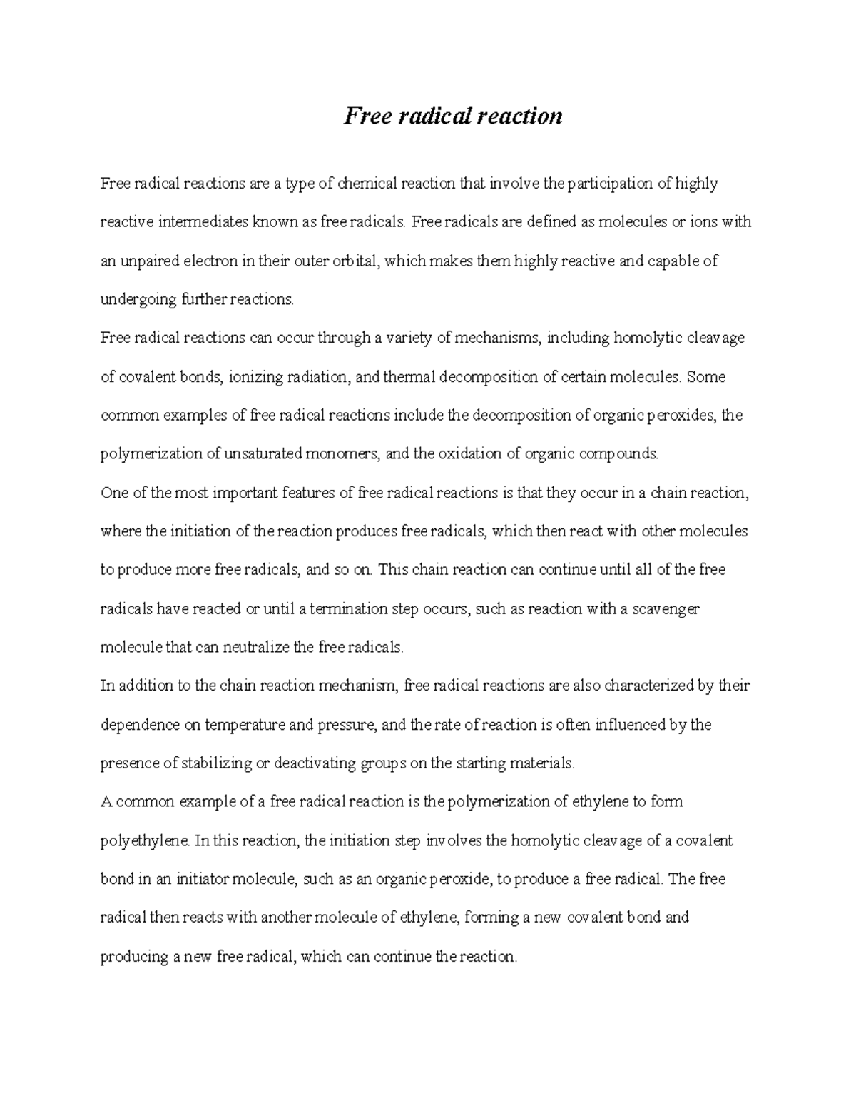 Notes on Free radical reaction - Free radical reaction Free radical ...