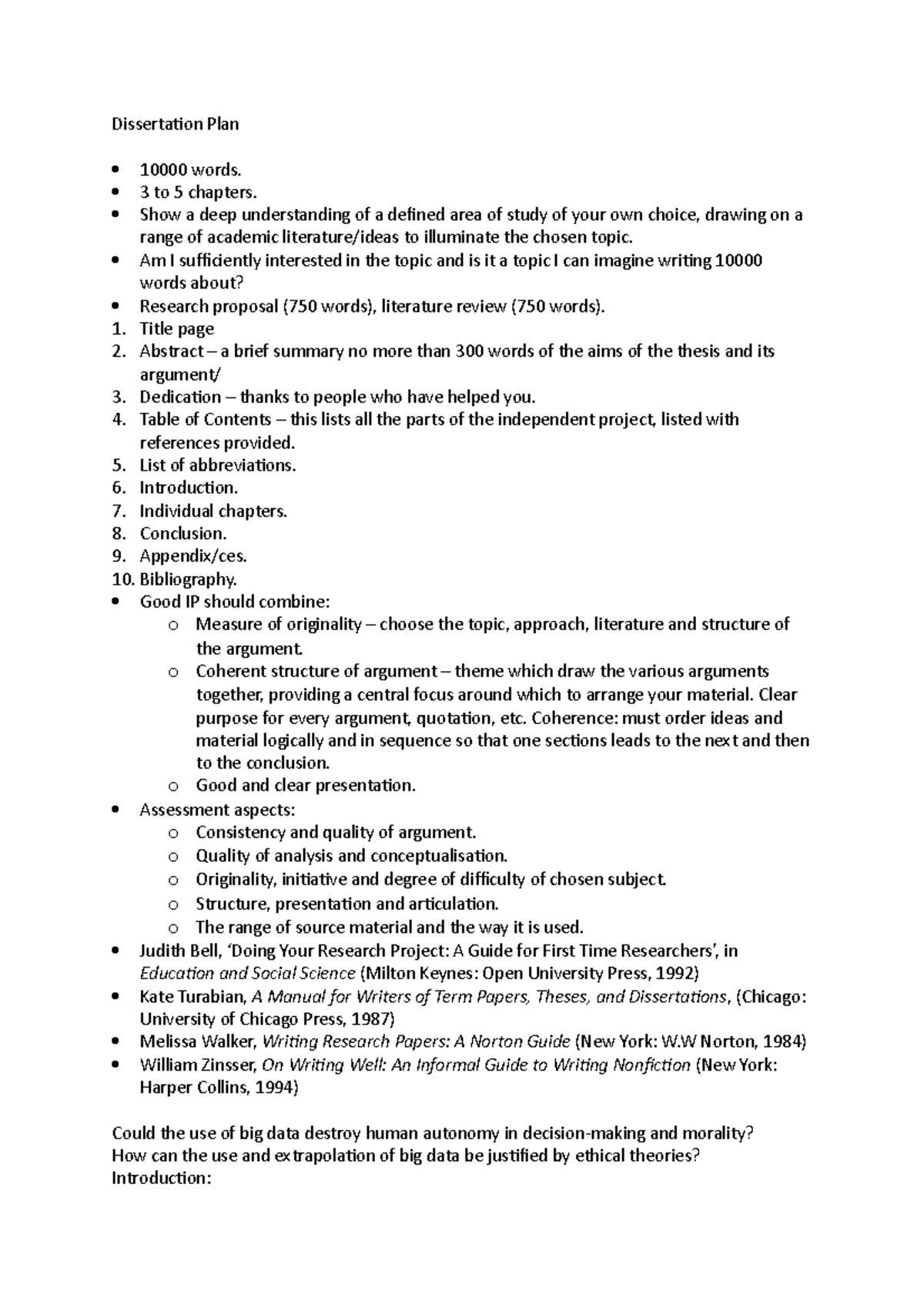 Dissertation Plan - Plan and Notes for Independent Project ...