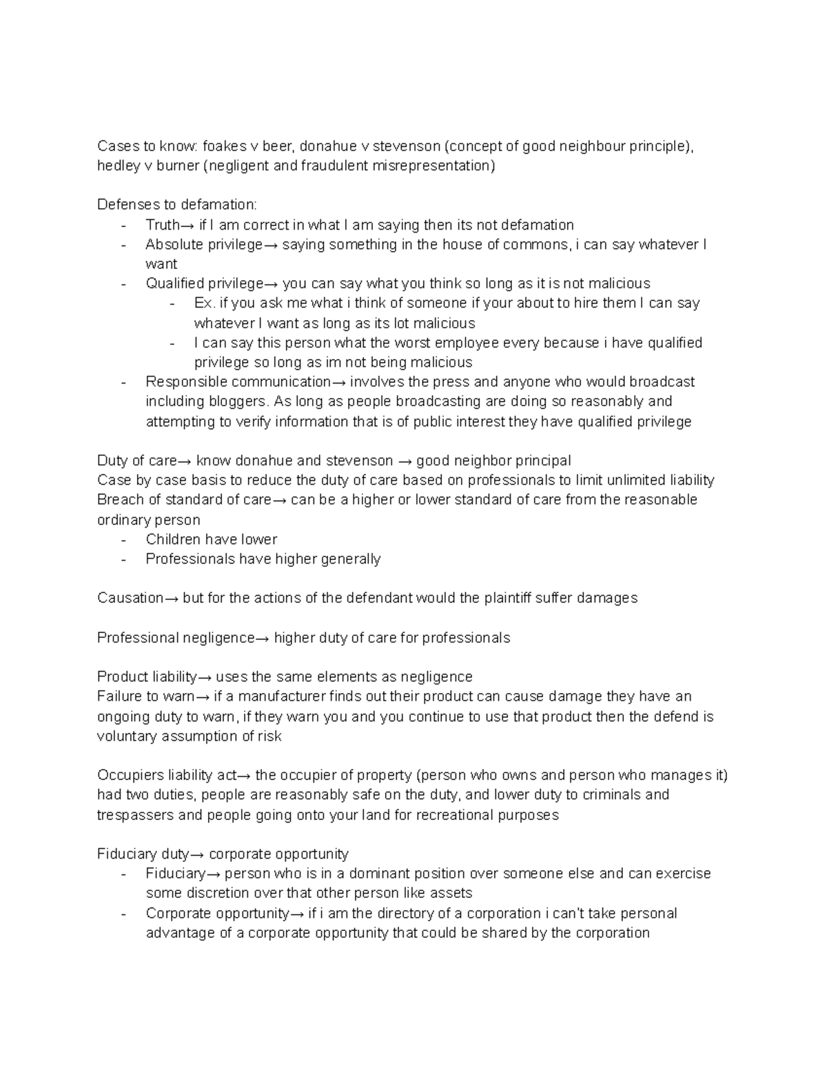 Midterm review Summary Business Law Cases to know foakes v beer
