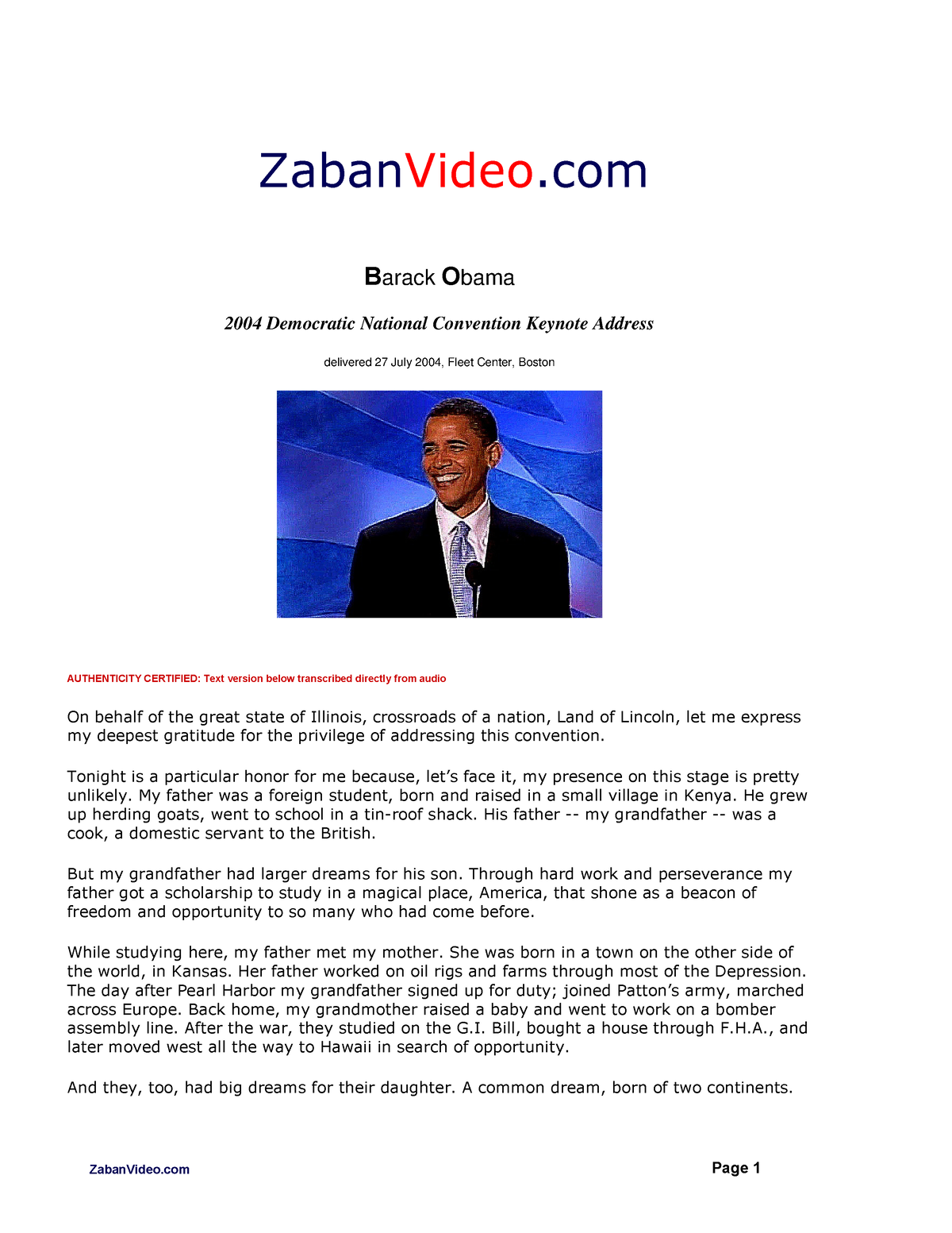 1 Obamas 2004 DNC keynote speech Barack Obama 2004 Democratic