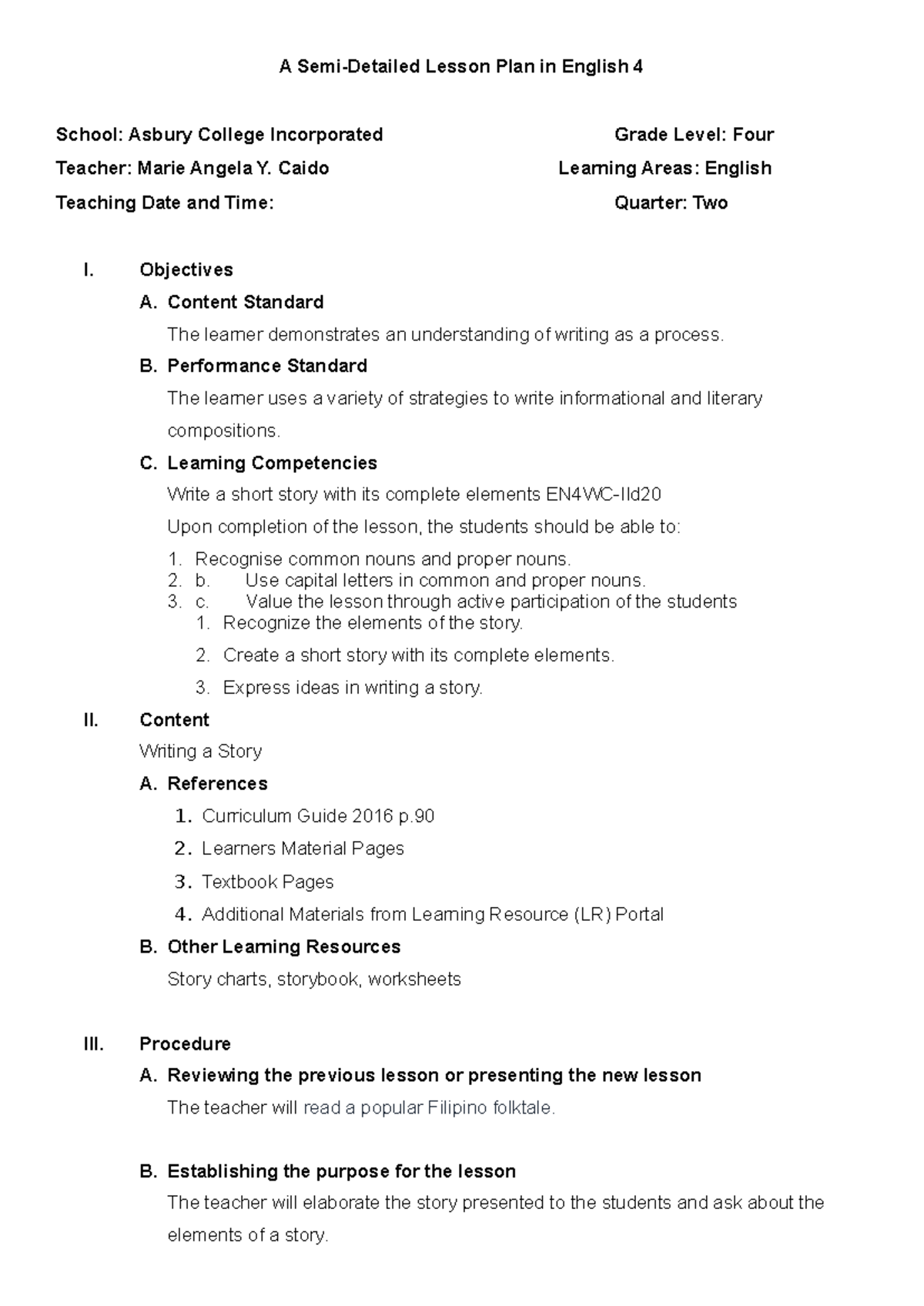 A Semi Detailed Lesson Plan in English 4 - A Semi-Detailed Lesson Plan ...