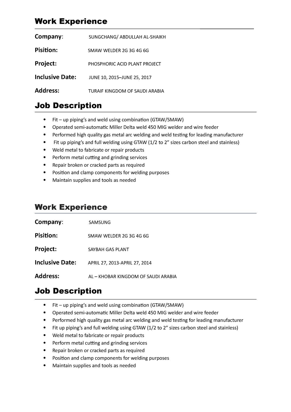 Resume-KO - DWWA - Work Experience Company: SUNGCHANG/ ABDULLAH AL ...