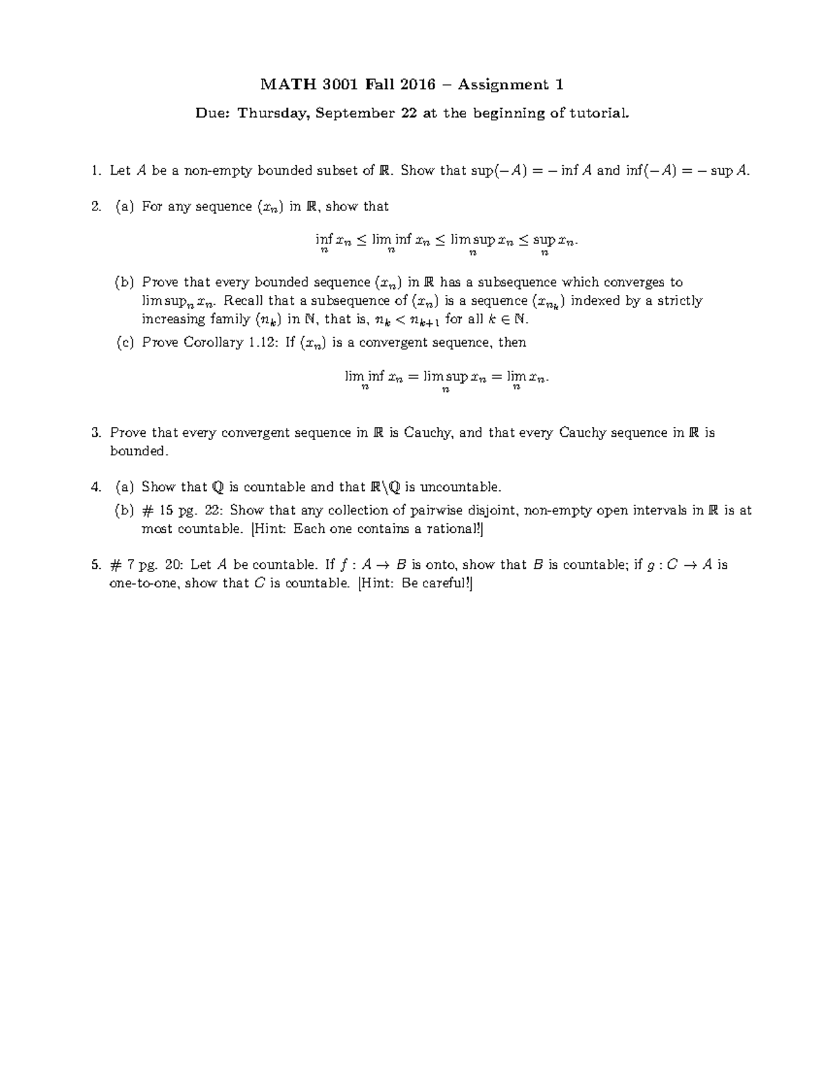 Mandatory Assignment 01 - MATH 3001 Fall 2016 – Assignment 1 Due ...