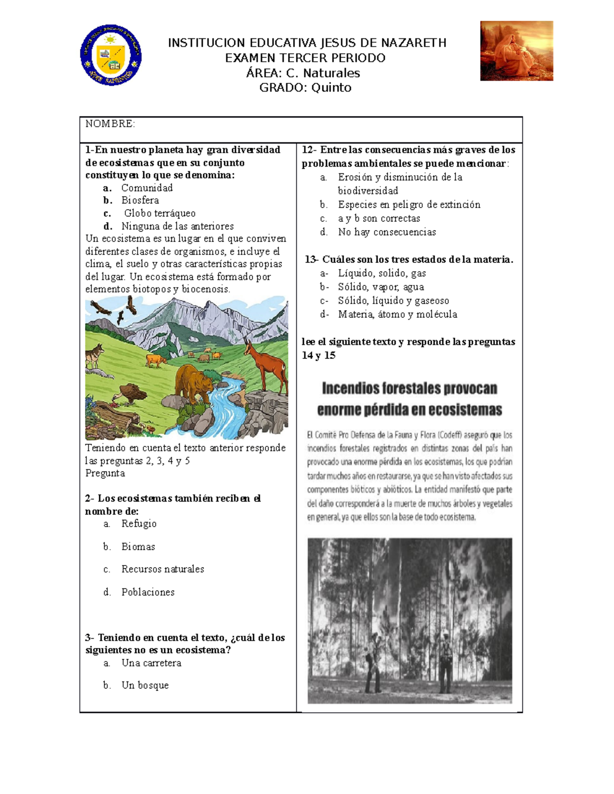 Examen C Naturales Material Para Ni Os Del Grado Biolog A Examen Tercer Periodo Rea