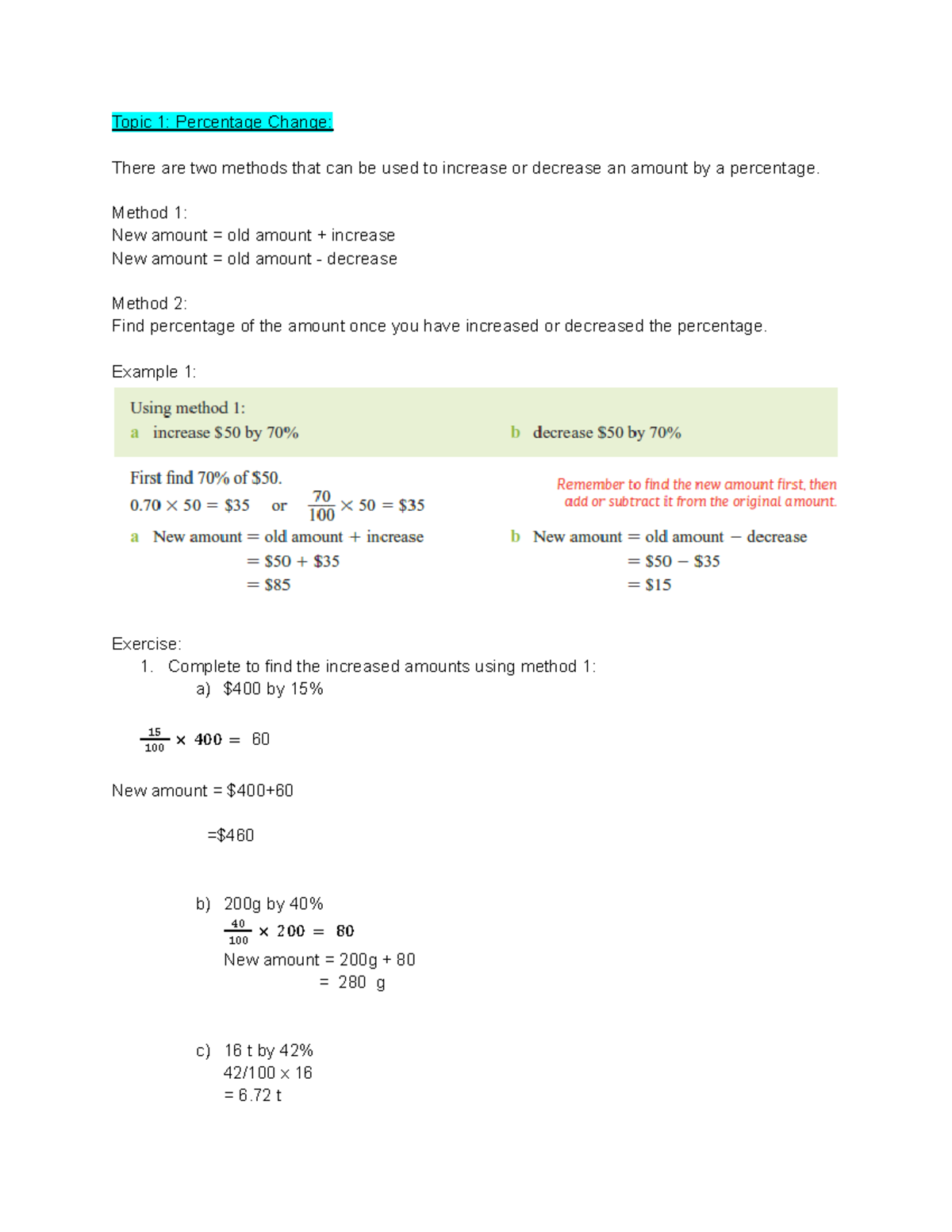 help with basics - Topic 1: Percentage Change: There are two methods ...