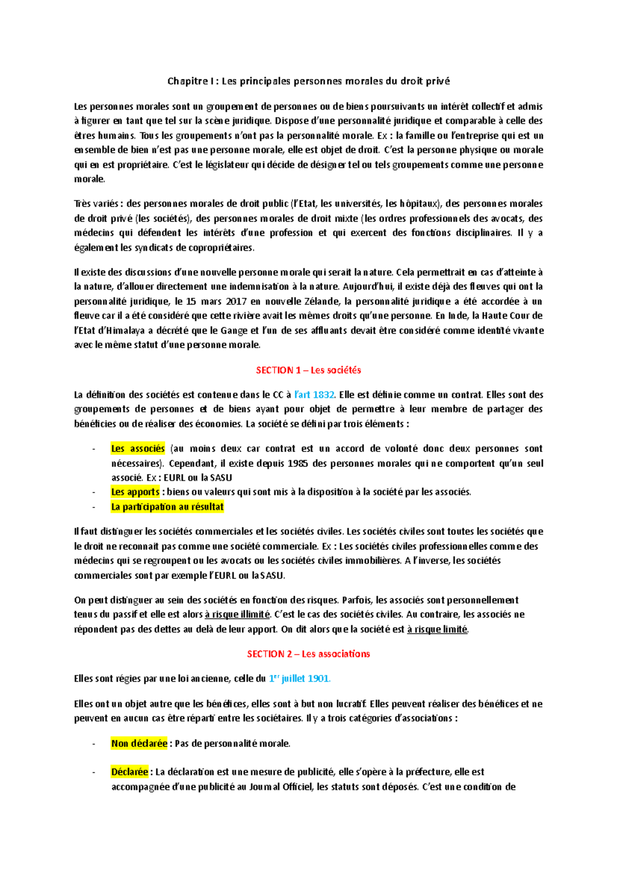 Chapitre 1 Les principales personnes morales du droit privé Dispose d’une personnalité