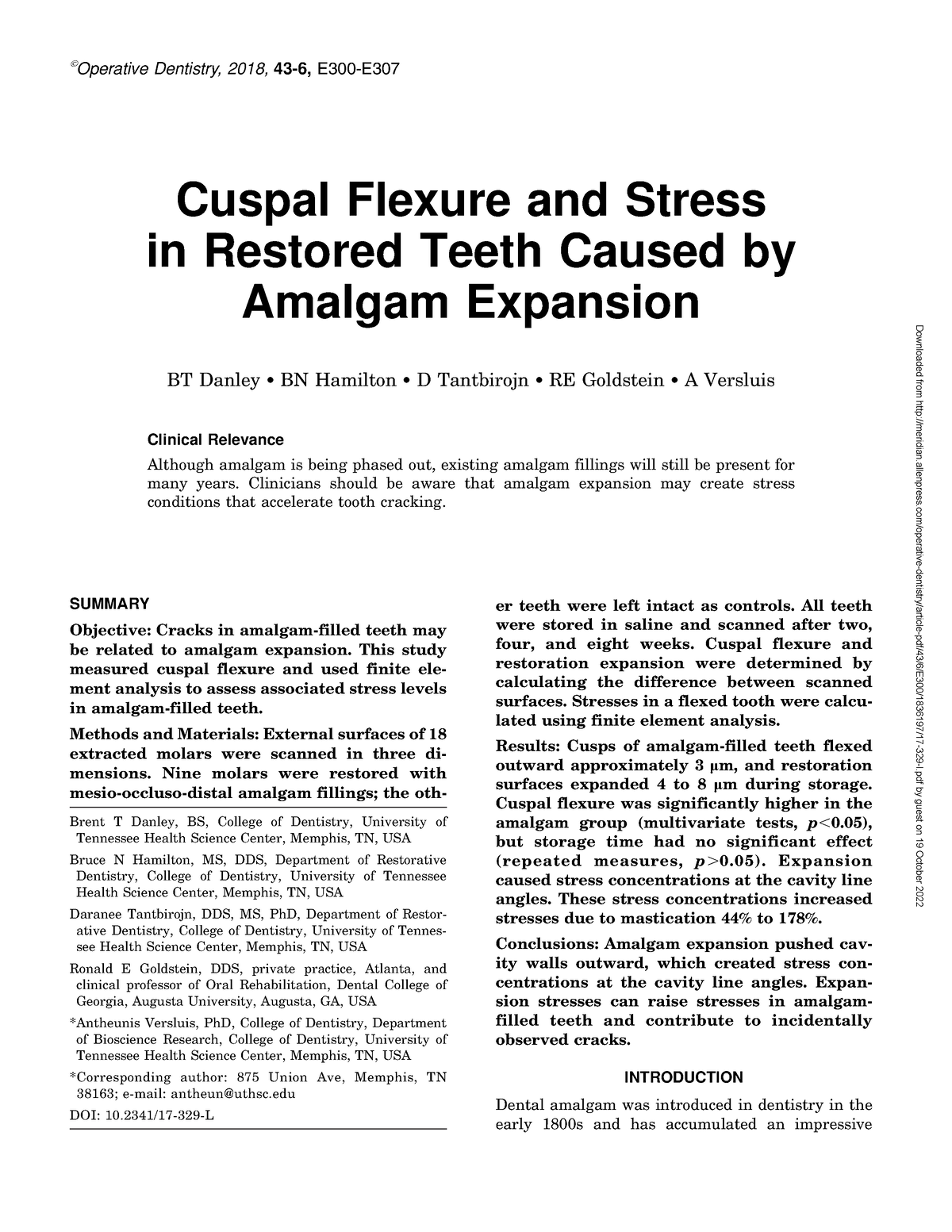 Cuspal Flexure and Stress in Restored Teeth Caused by Amalgam Expansion