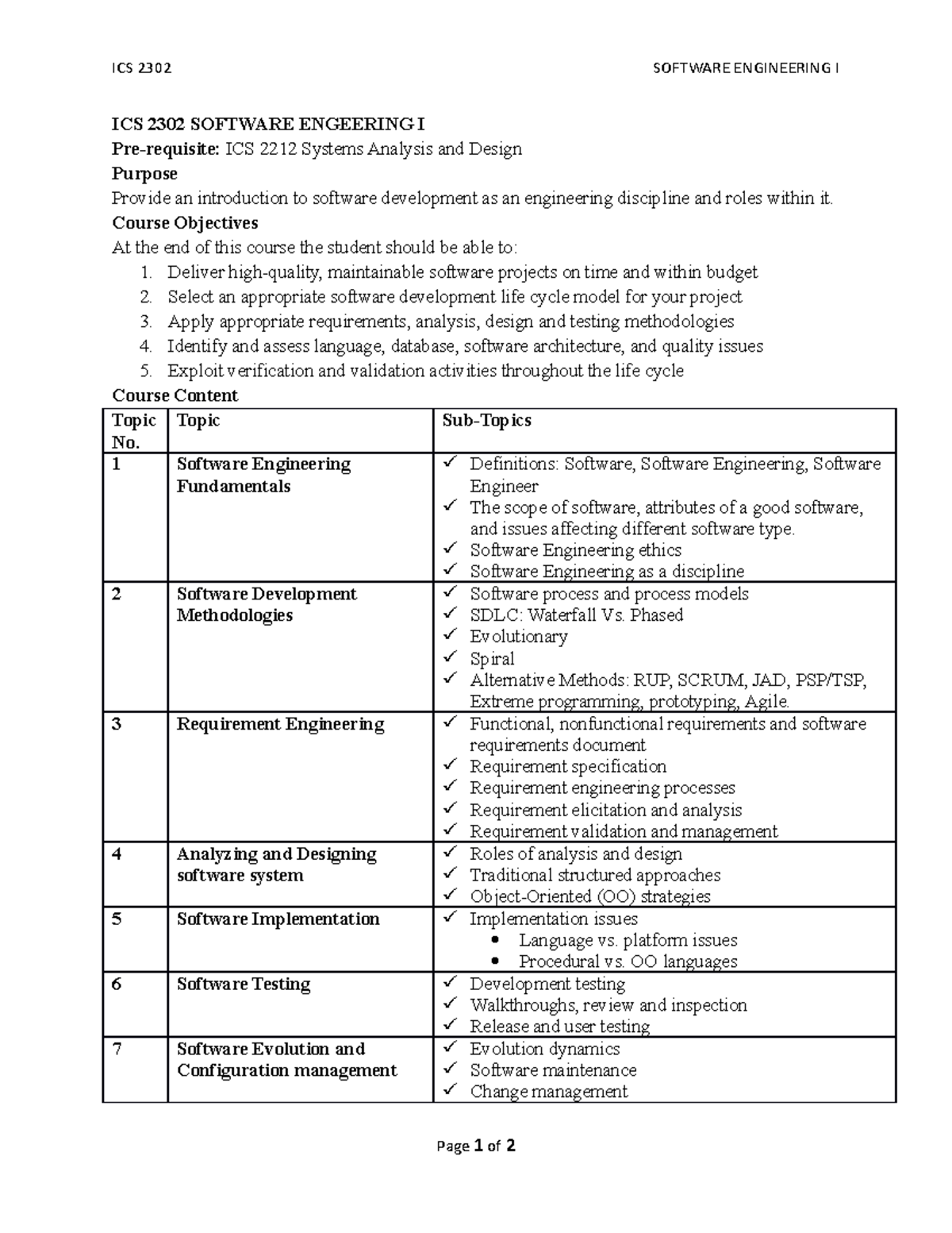 ICS 2302 SW ENG I Course Outline for Software Engineering - ICS 2302 ...