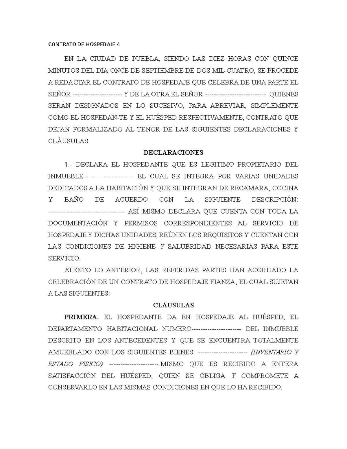 Contrato DE Hospedaje 4 - CONTRATO DE HOSPEDAJE 4 EN LA CIUDAD DE ...