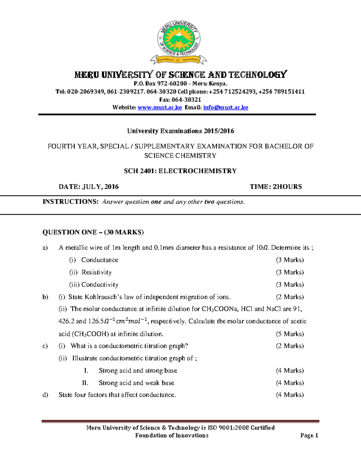 SCH2401Electrochemistry Meru University of Science & Technology is