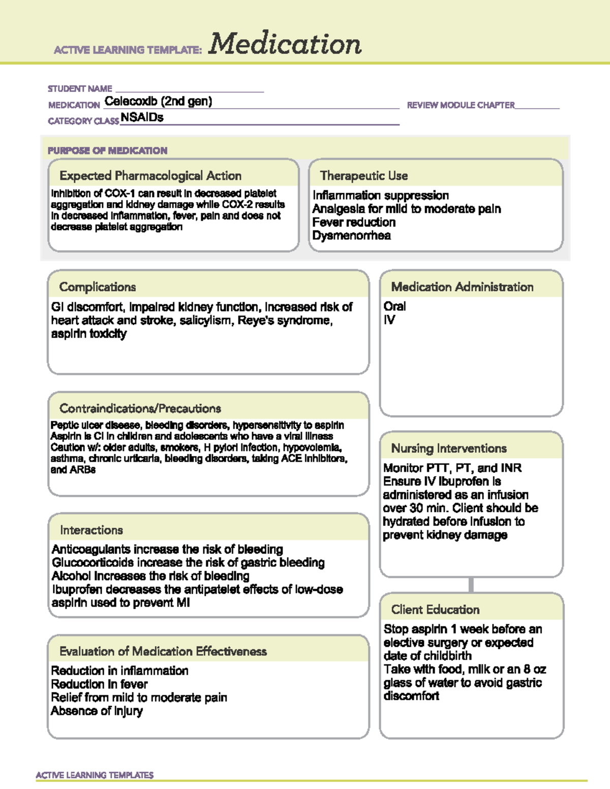 Celecoxib (2nd gen) ATI pharmacology sheet ACTIVE LEARNING TEMPLATE