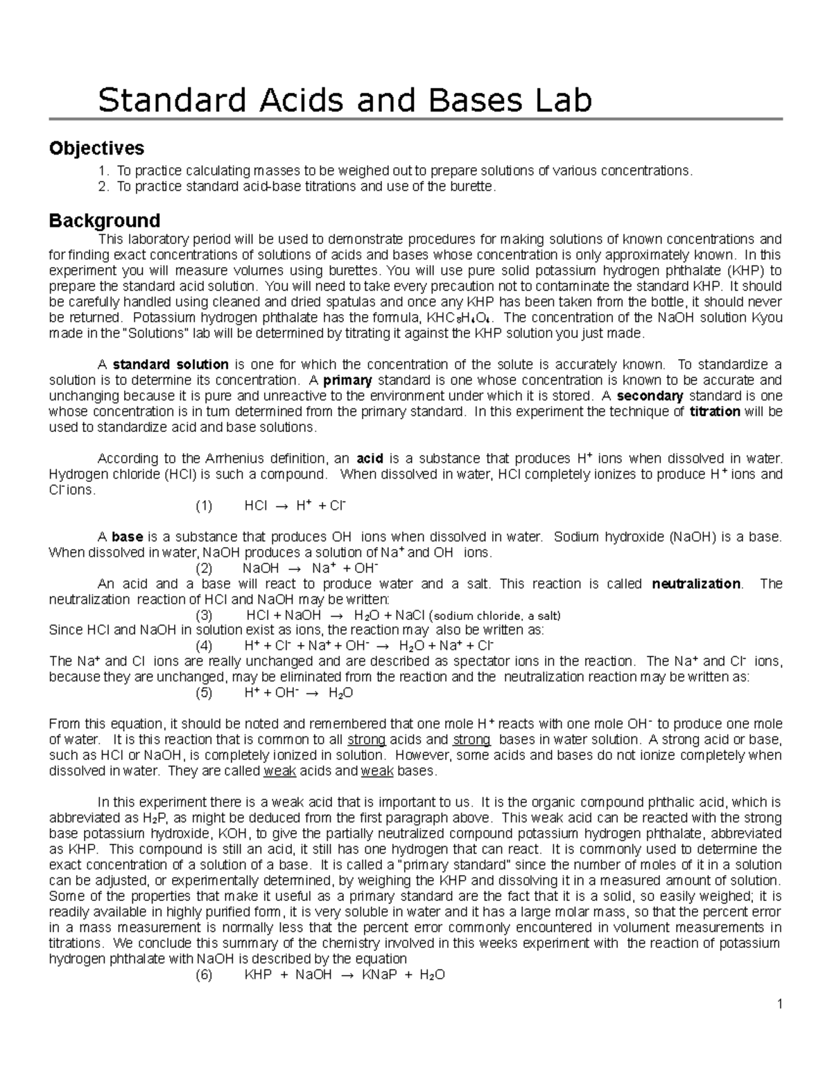 1 Standard Acids and Bases rev Standard Acids and Bases Lab Objectives To practice calculating