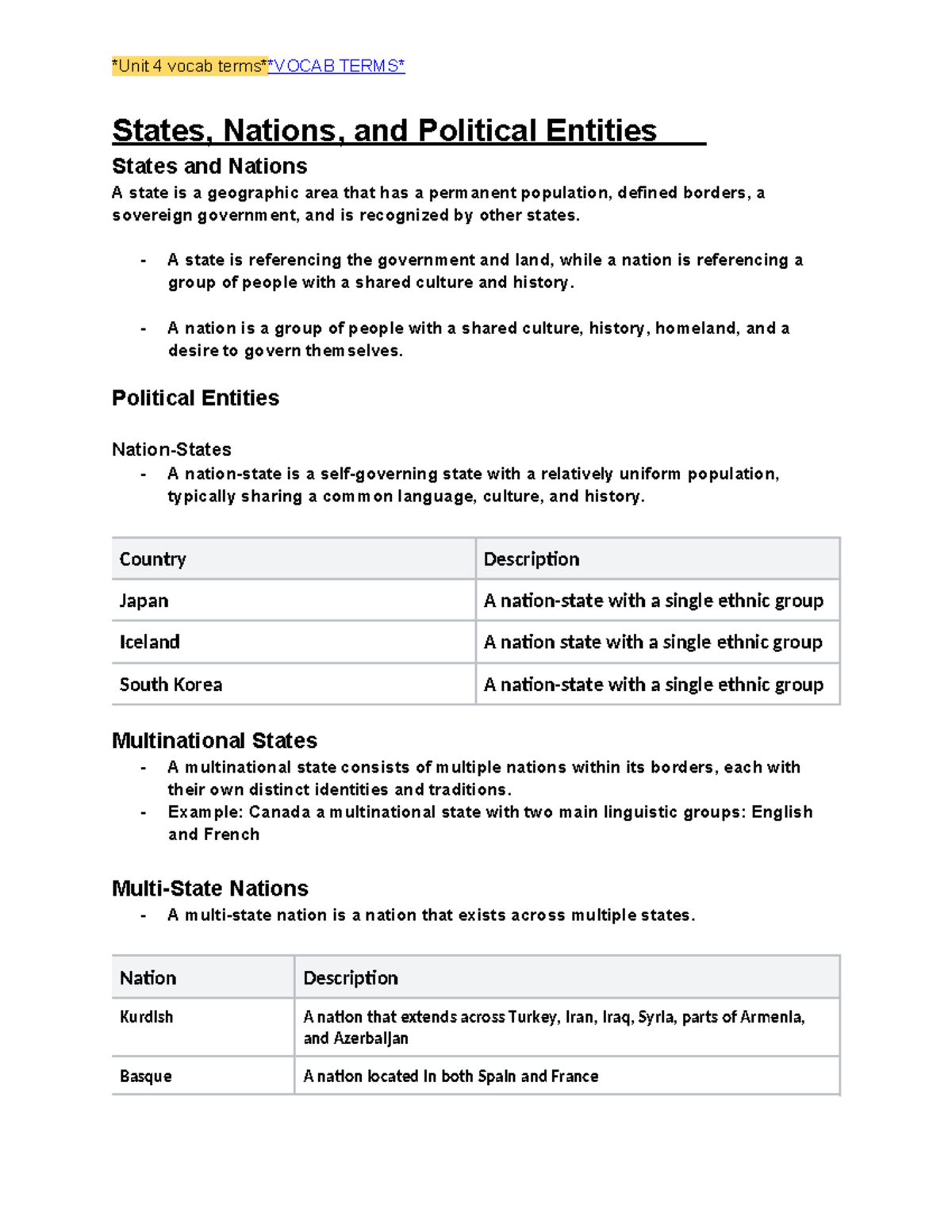 Unit 4 Political Patterns and Processes States, Nations, and