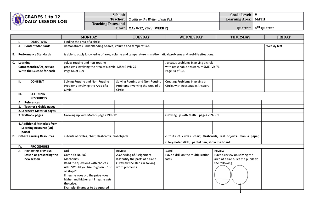 Grade 5 DLL MATH 5 Q4 Week 2 - GRADES 1 to 12 DAILY LESSON LOG School ...