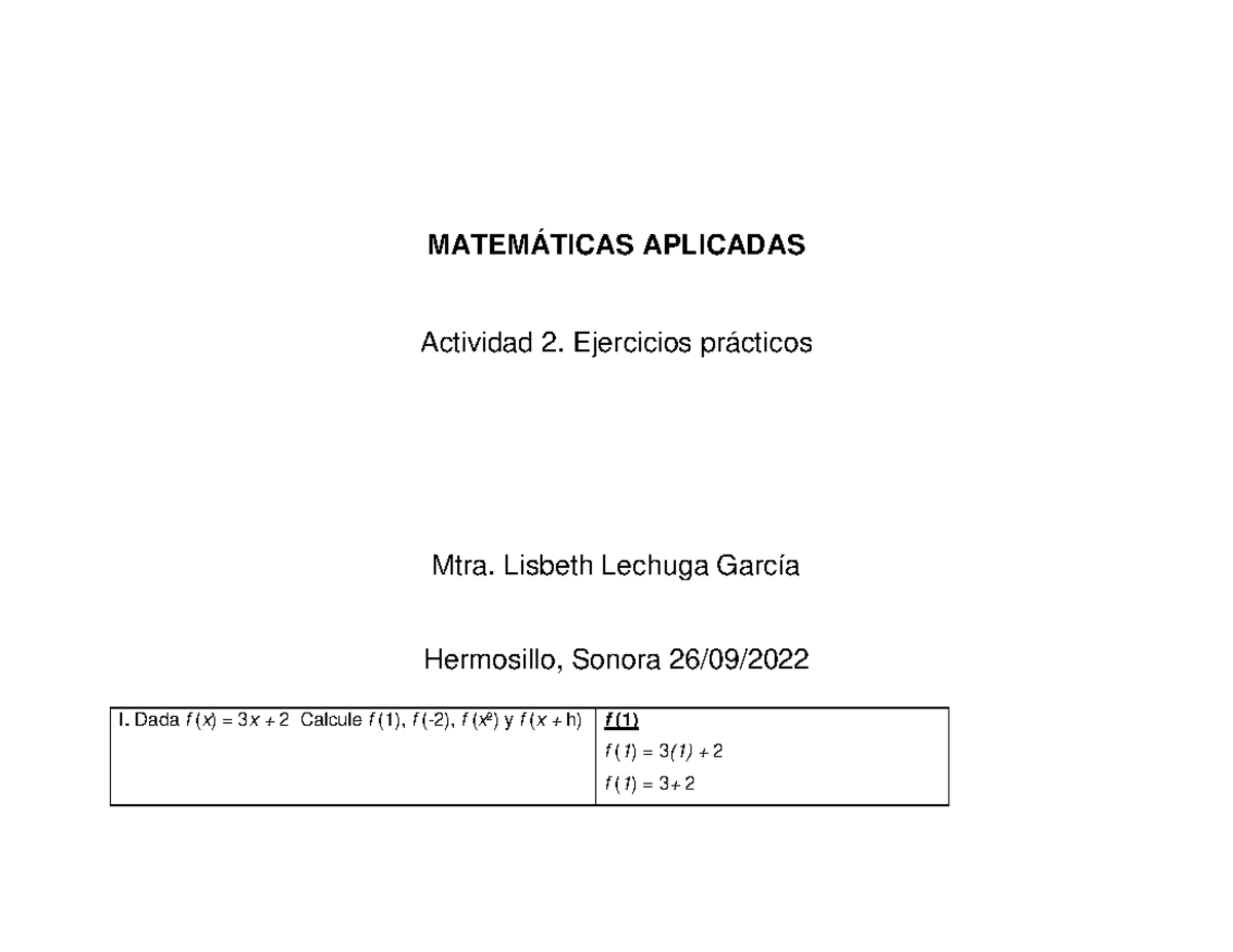 ACT 2 MAT Aplicadas - TRABAJO SEMANAL - MATEMÁTICAS APLICADAS Actividad ...