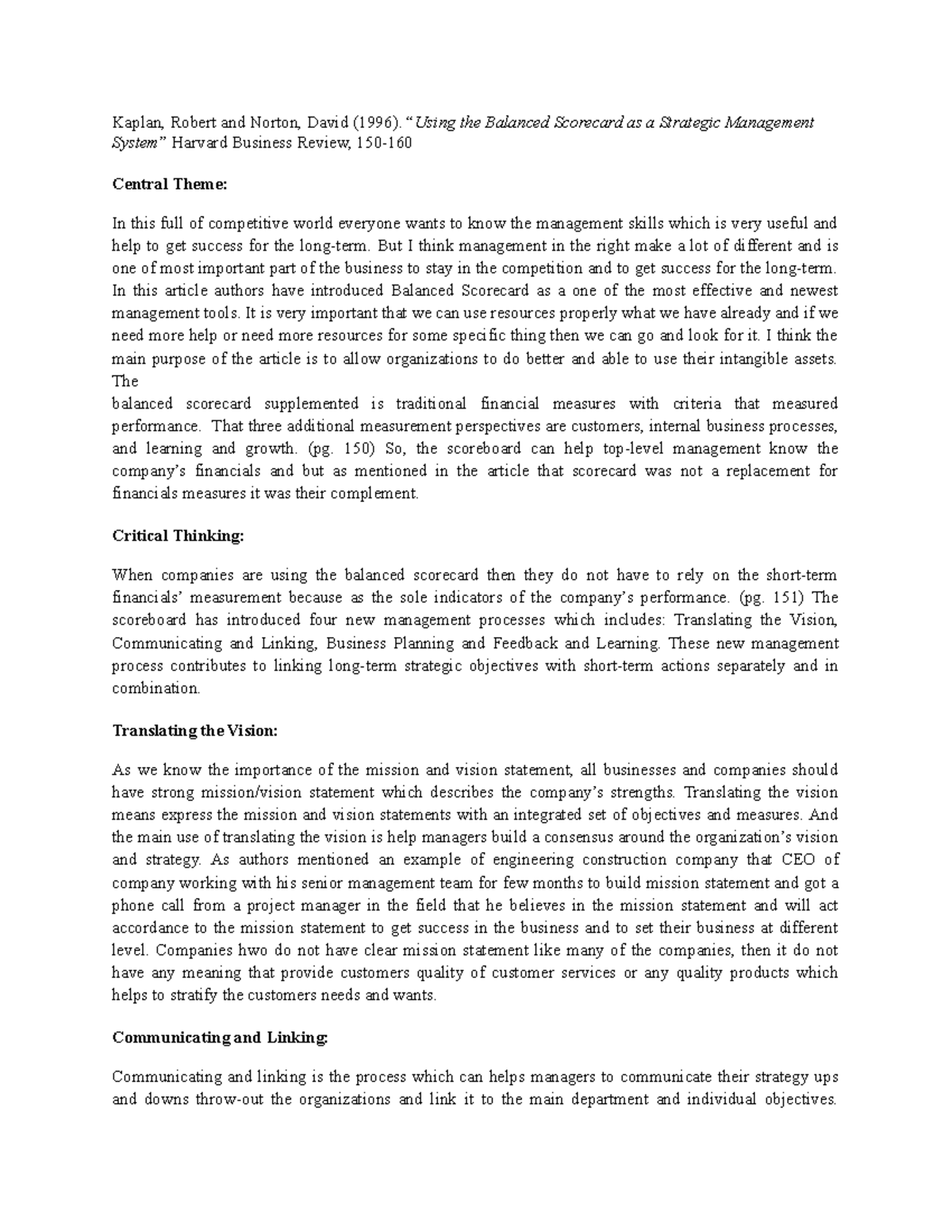 Kaplan and norton balanced scorecard kaplan robert and norton david
