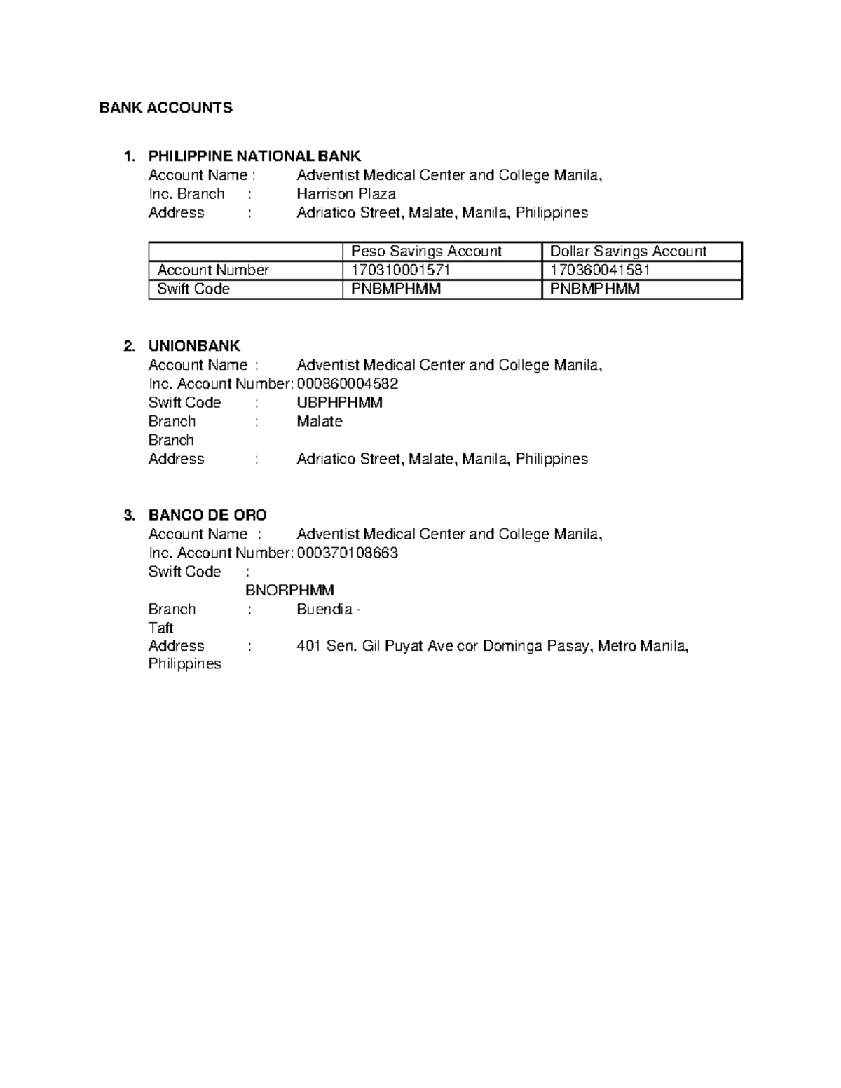 Manila Adventist College Bank Account for Payment - BANK ACCOUNTS 1 ...