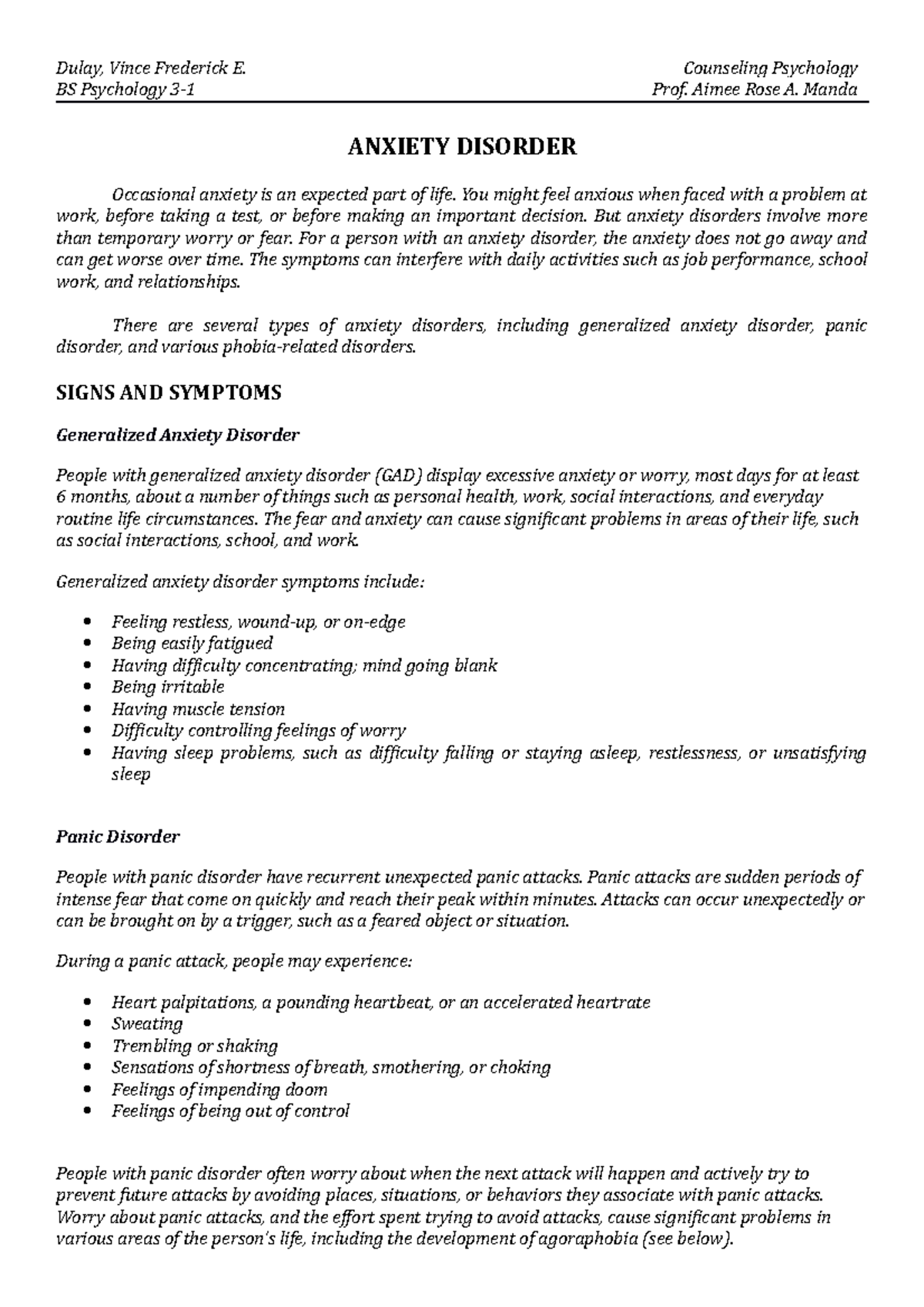 Anxiety Disorder and Personality Disorder - Dulay, Vince Frederick E ...