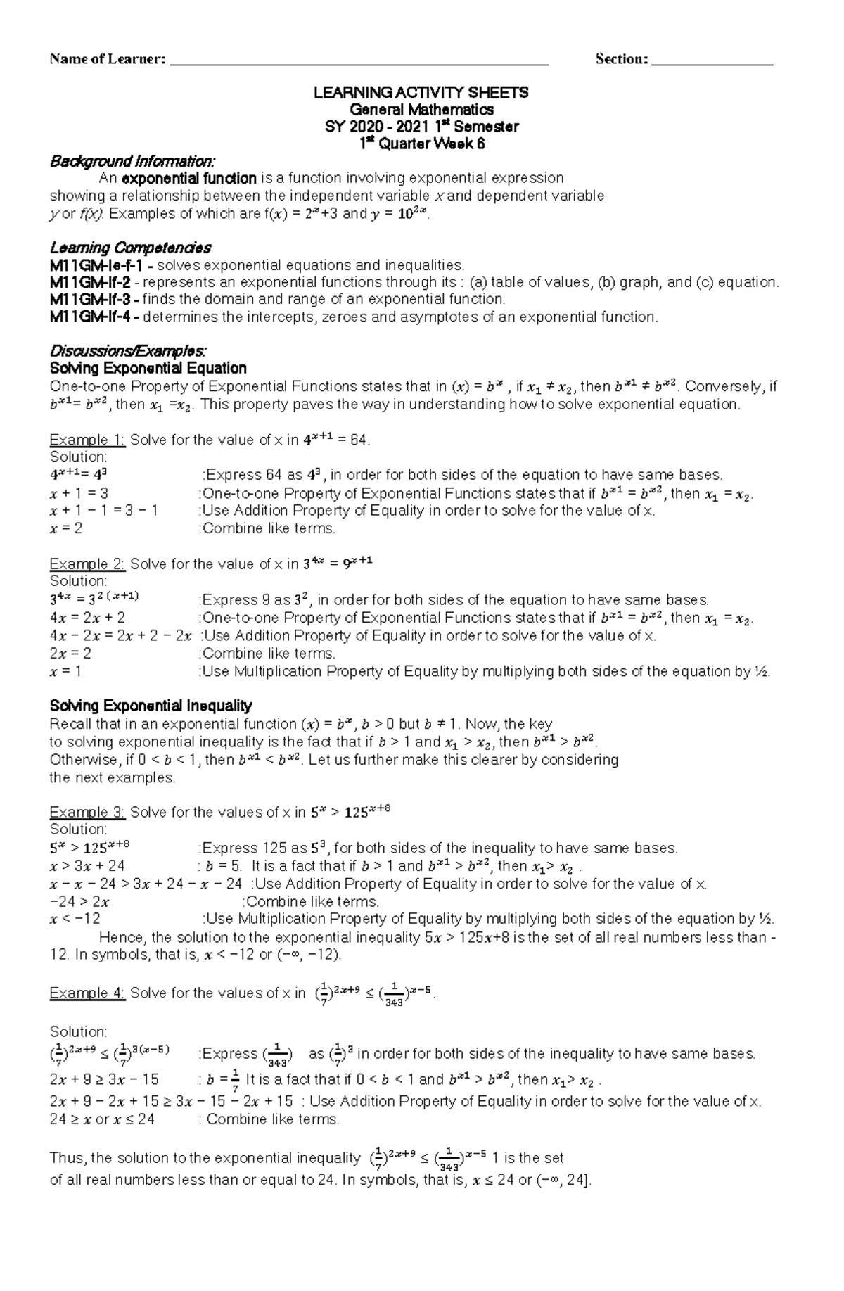 Exponential Function - Name of Learner