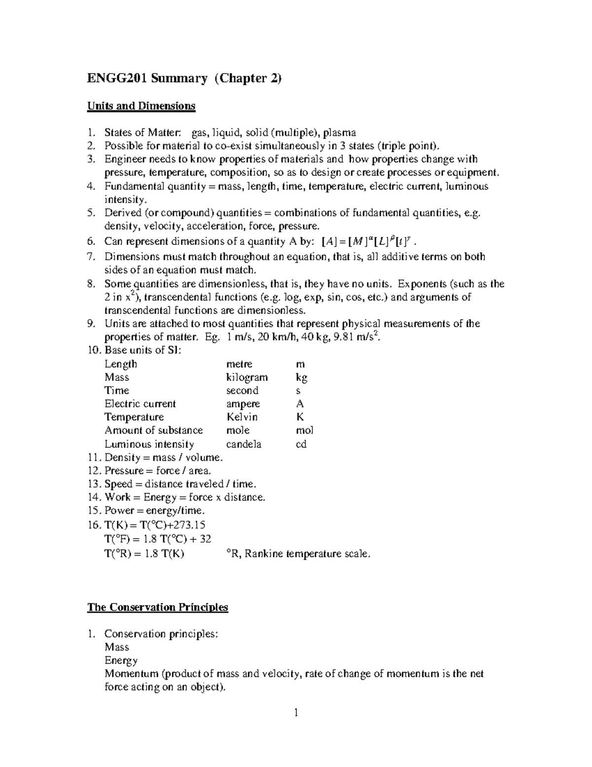 Chapter 2 Summary Notes - 1 ENGG201 Summary (Chapter 2) Units and ...