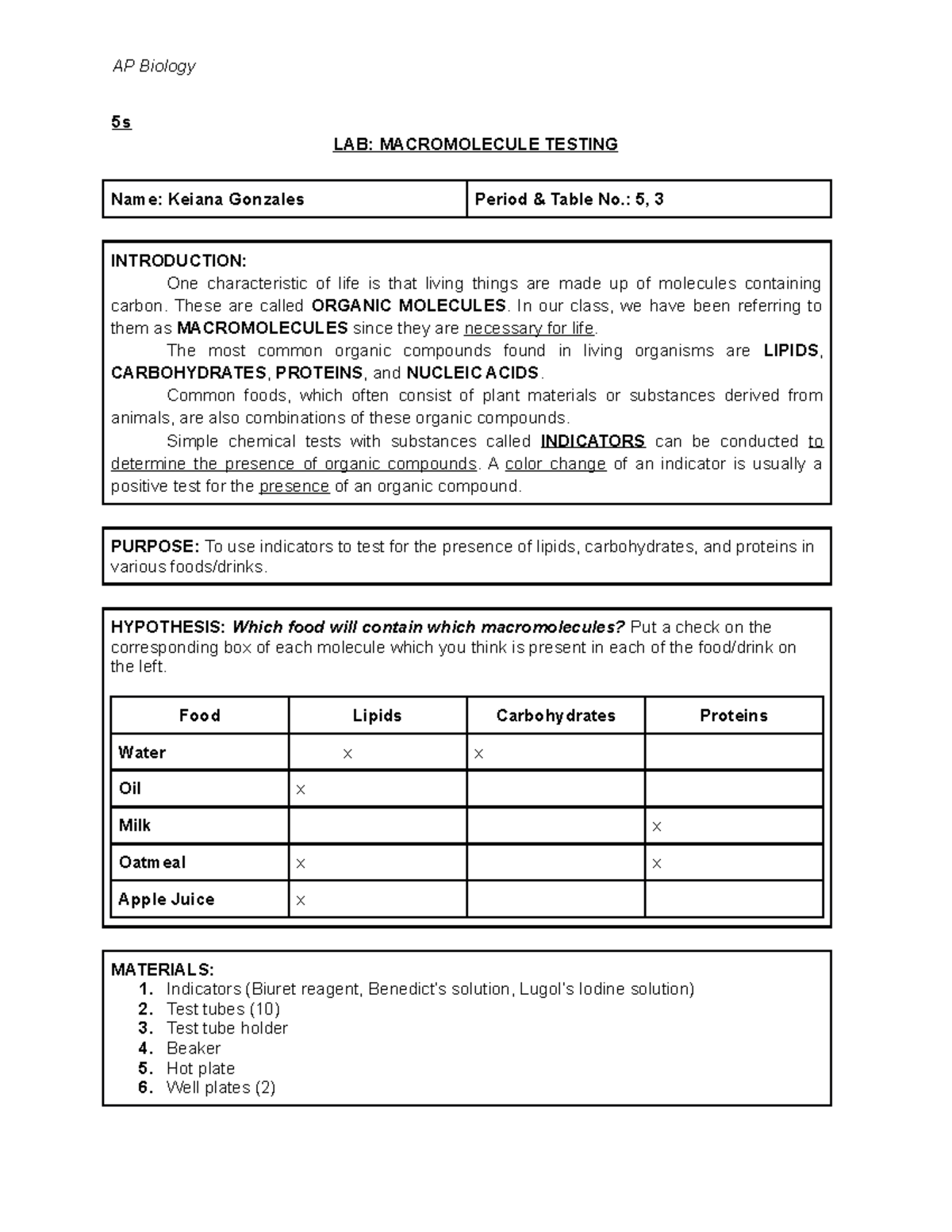 AP Biology Lab Macromolecule Testing 5s LAB MACROMOLECULE TESTING